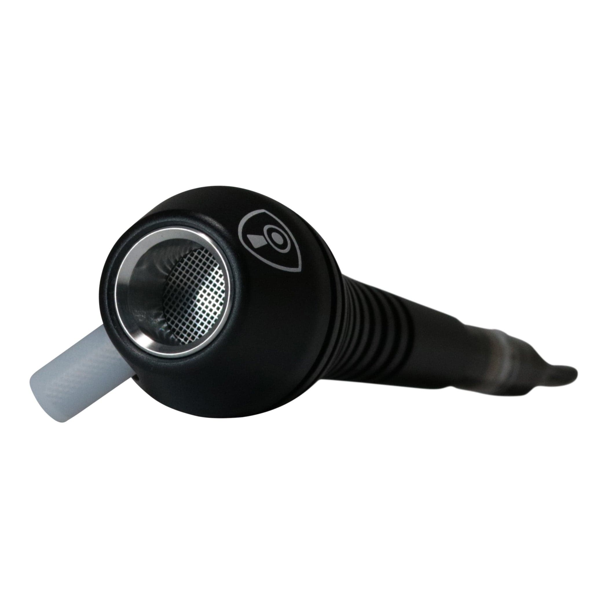 Angled close-up of the black Invincipipe showing its circular metal-mesh intake and embossed logo.