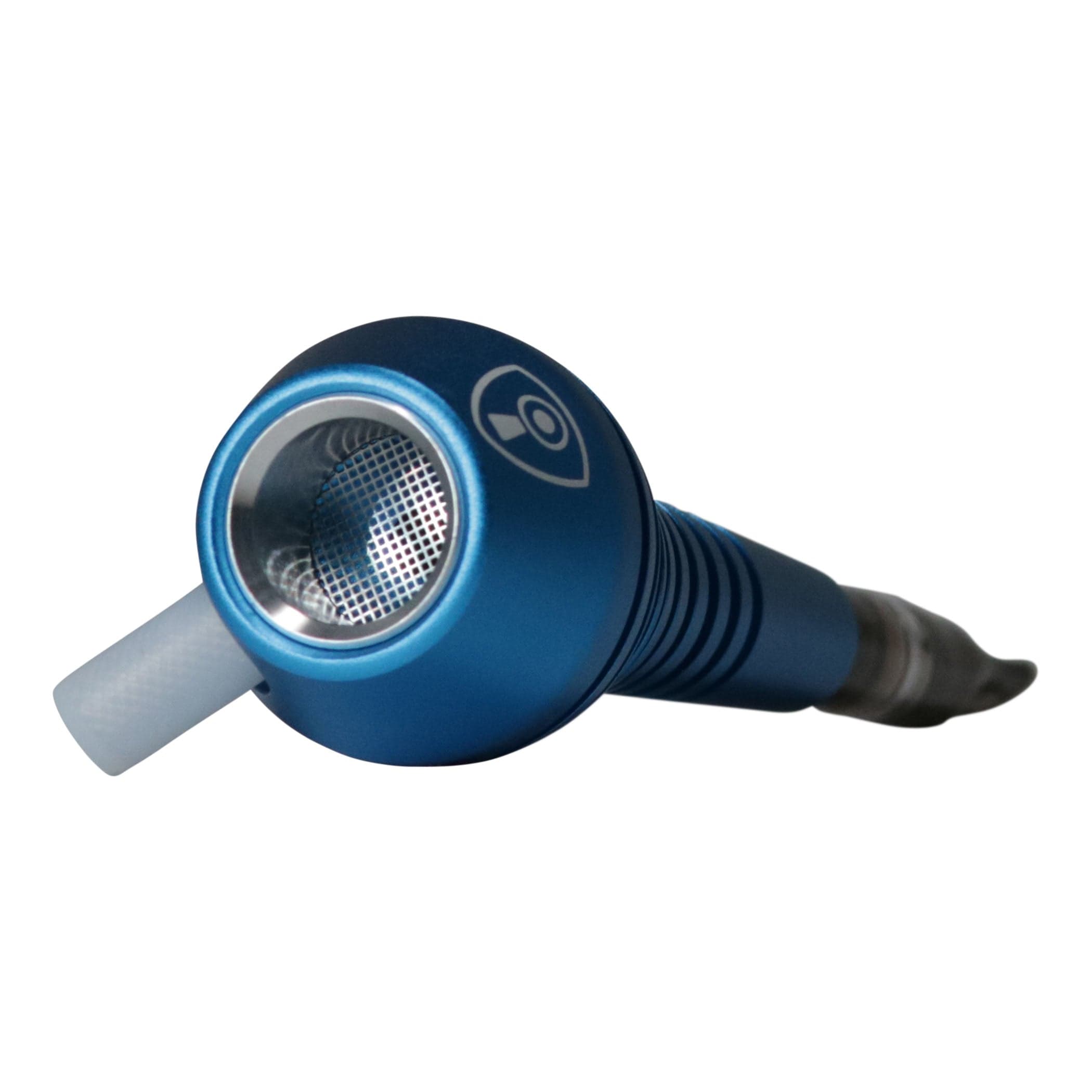 Close-up angled view of the blue Invincipipe showing the circular metal mesh intake and embossed logo on a white background