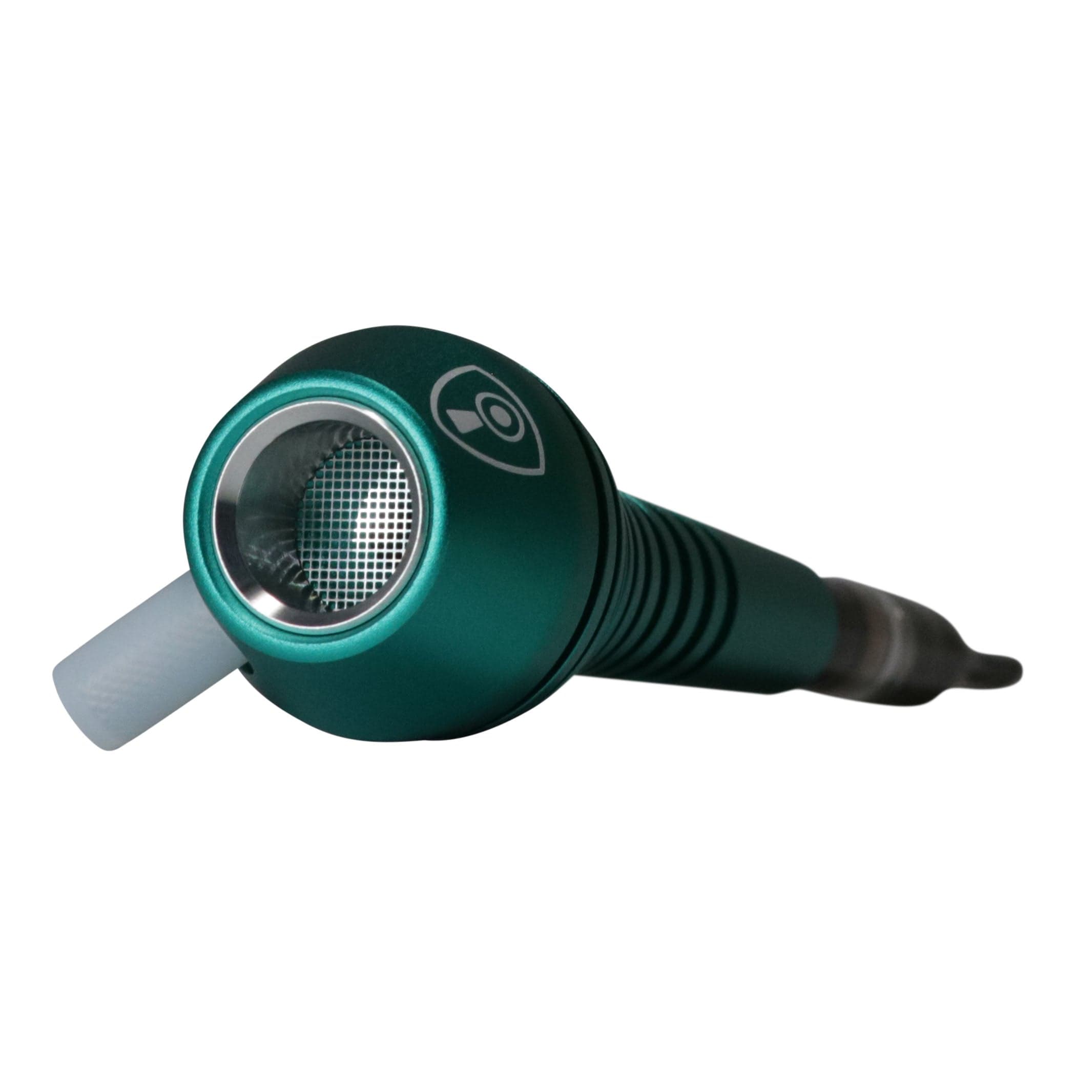 Close-up angled view of the teal metal speaker grille on the Invincipipe.