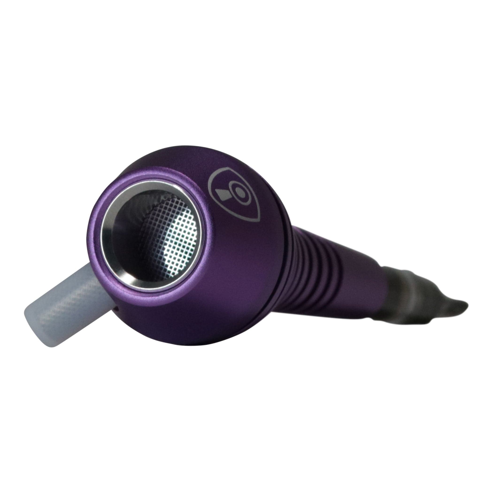 Close-up angled view of the purple Invincipipe showing its circular metal mesh intake and logo on a white background.
