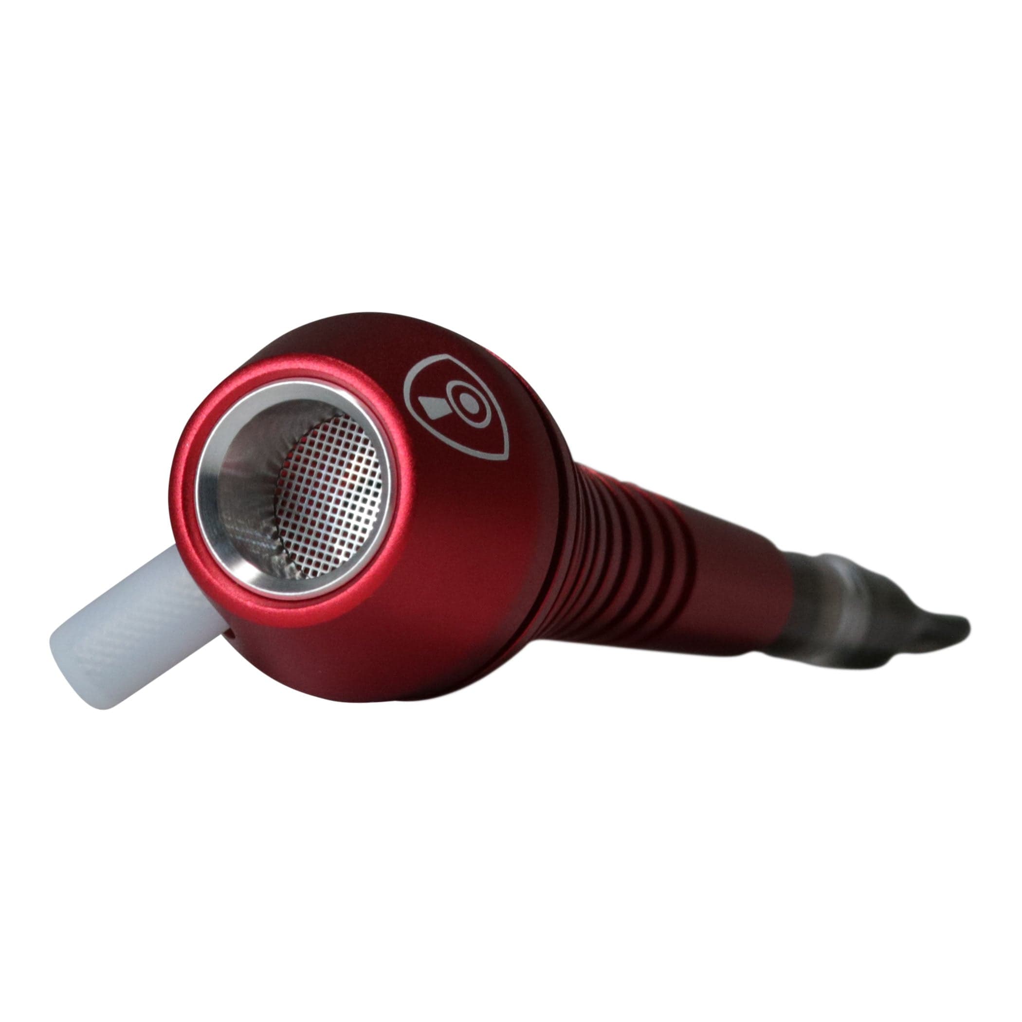 Close-up angled view of the red Invincipipe showing its circular metal mesh intake and ribbed handle.