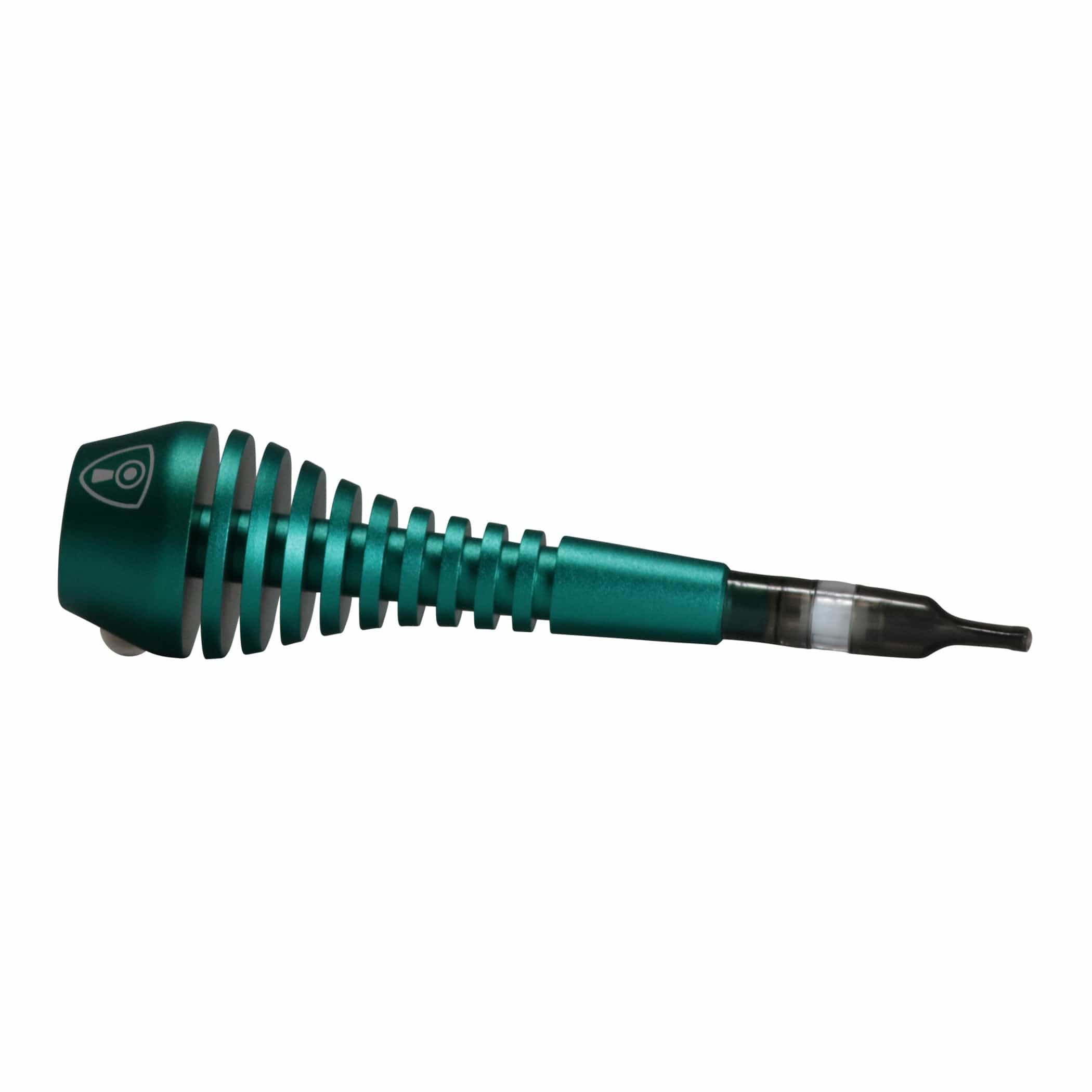 Angled close-up of the green Invincipipe showing its ridged metallic grip and tapered clear tip against a white background.