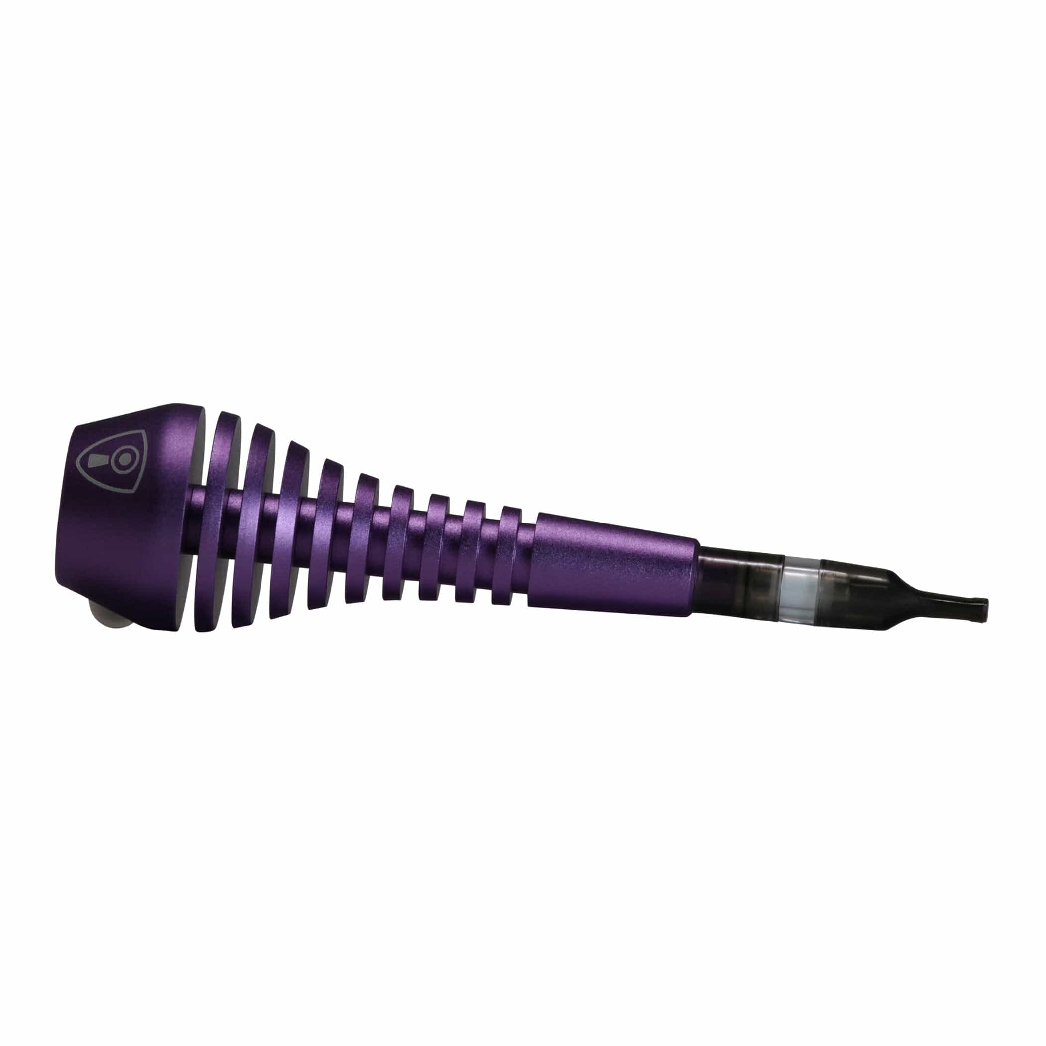 Close-up, angled view of the purple Invincipipe showing its vented, ribbed metal body and tapered black tip against a white background.