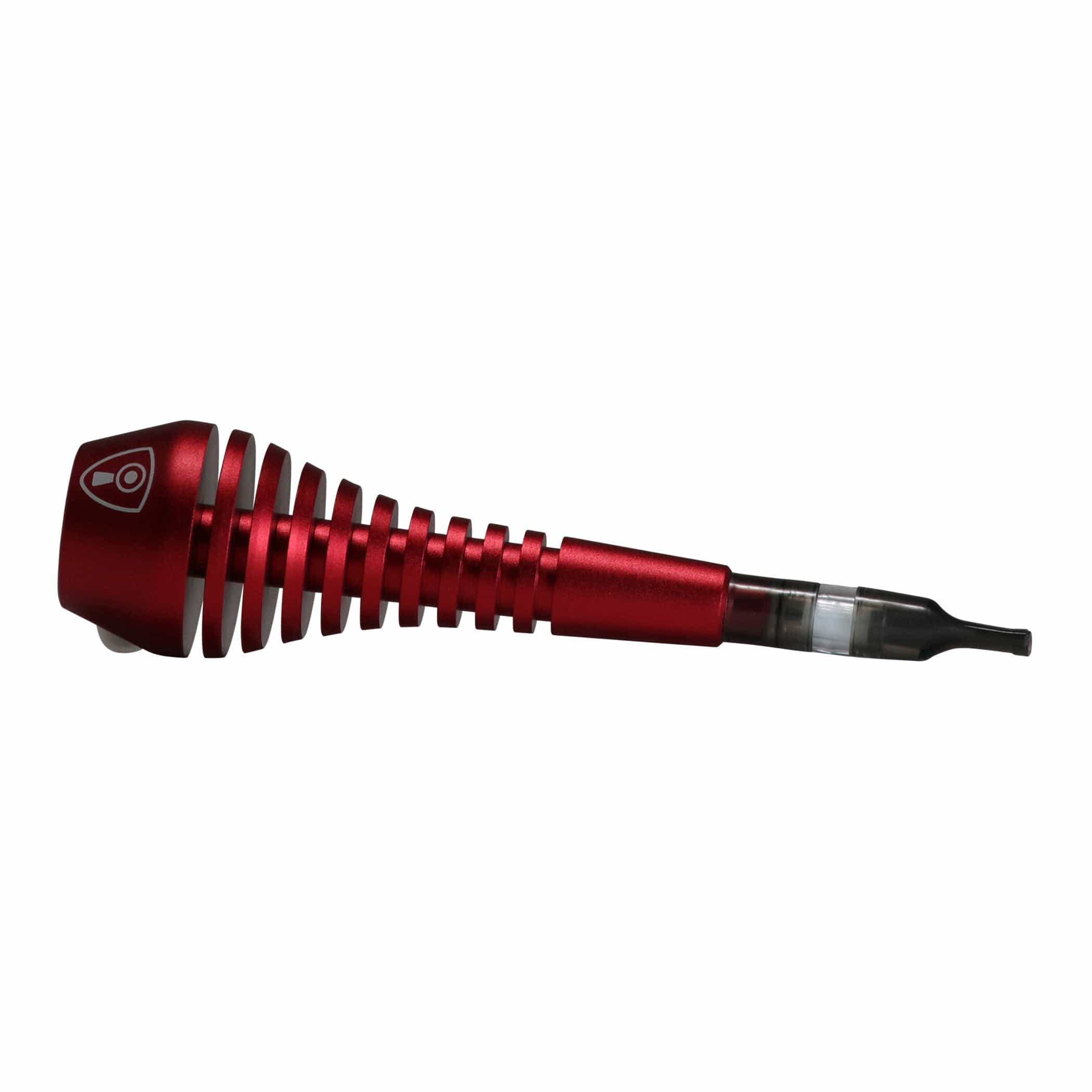 Close-up side view of the red Invincipipe showing its ribbed metallic handle and tapered translucent tip.