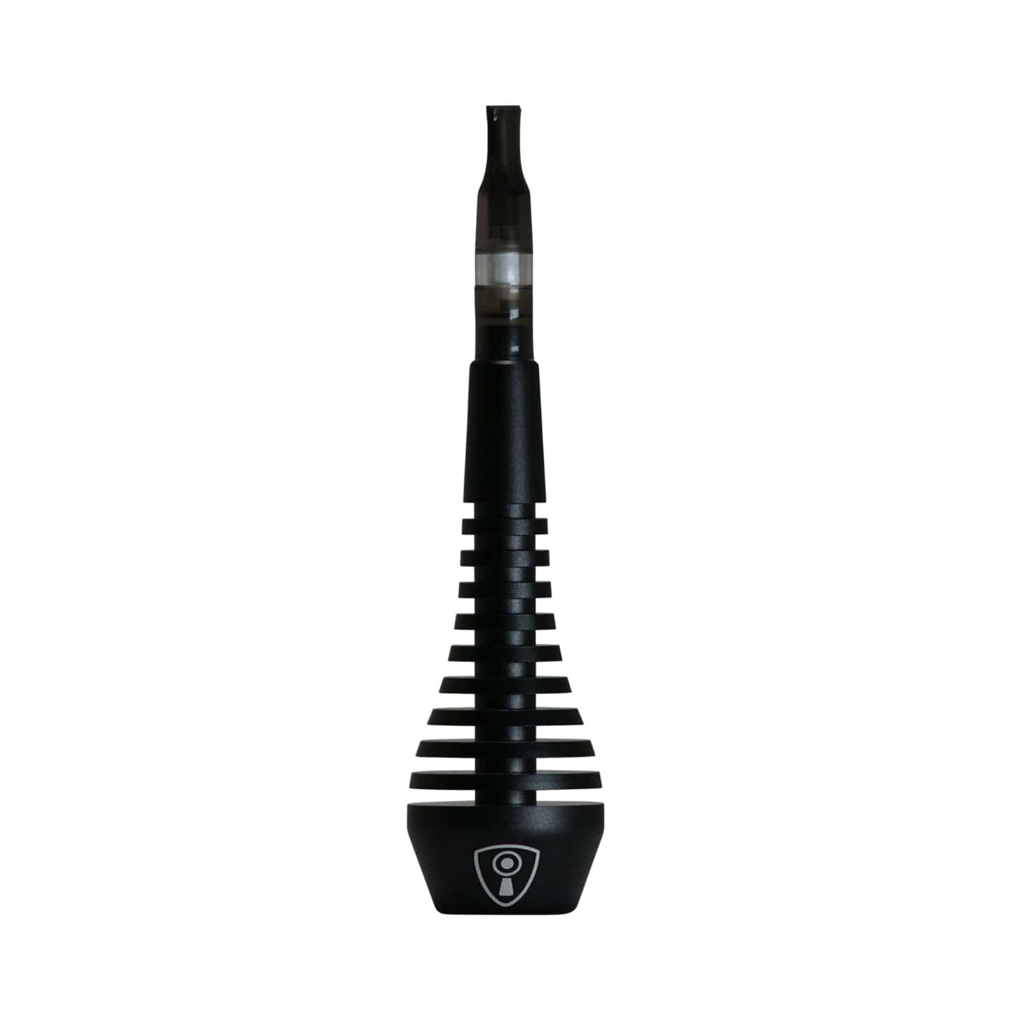 Vertical front view of the black Invincipipe showing its stacked ribbed stem and translucent mouthpiece against a white background