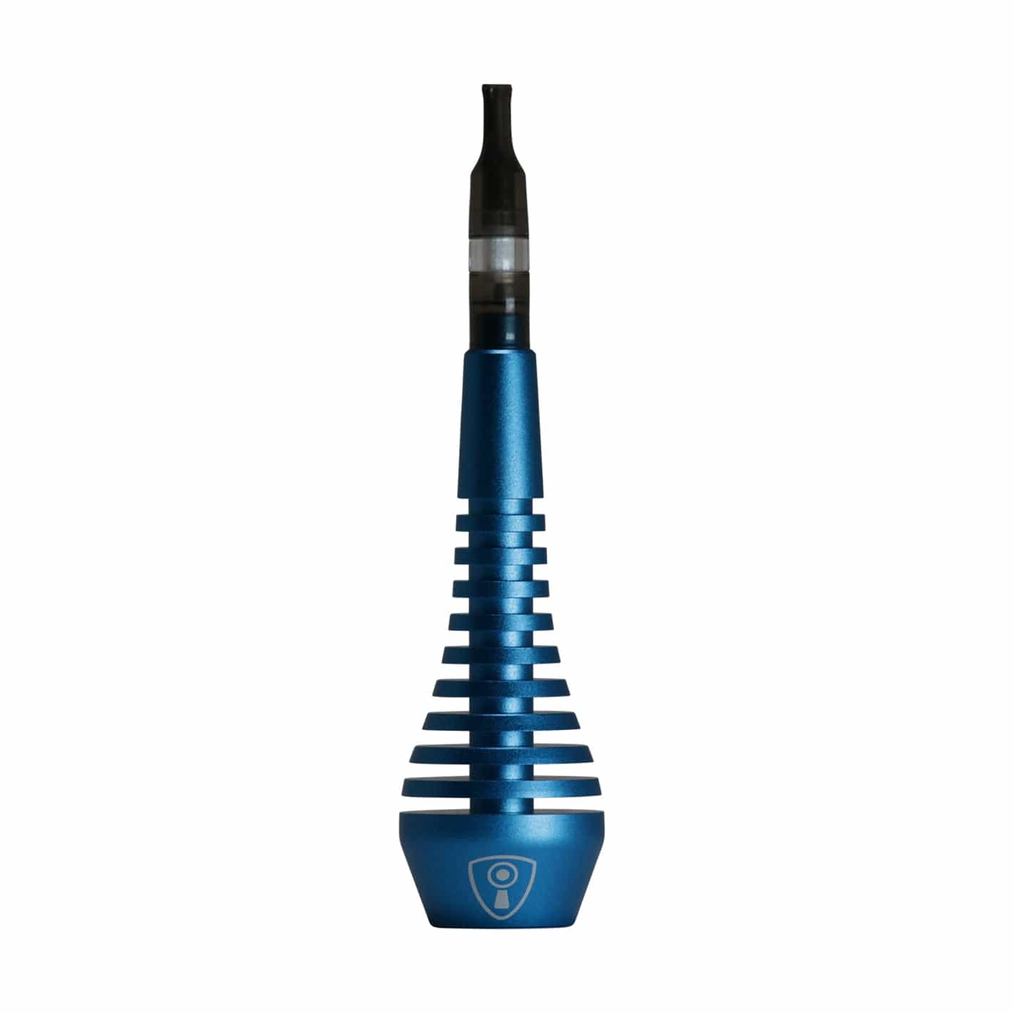 Centered vertical close-up of the blue Invincipipe showing its stacked finned metal body and clear black mouthpiece against a white background