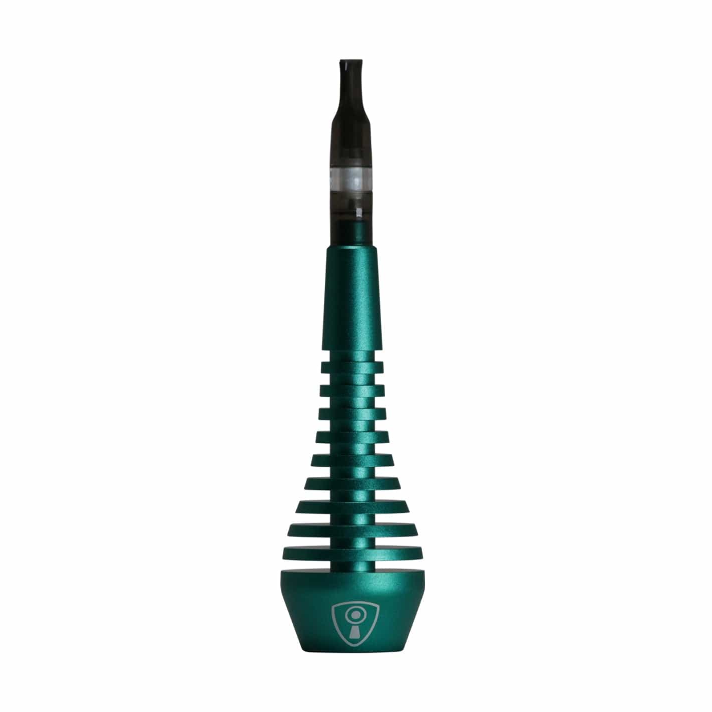 Centered front view of the teal Invincipipe showing its stacked finned stem and black mouthpiece against a white background