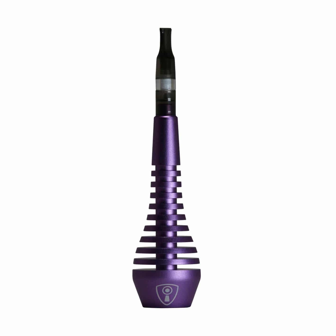 Centered front view of the purple Invincipipe with stacked ridges and a black mouthpiece against a white background