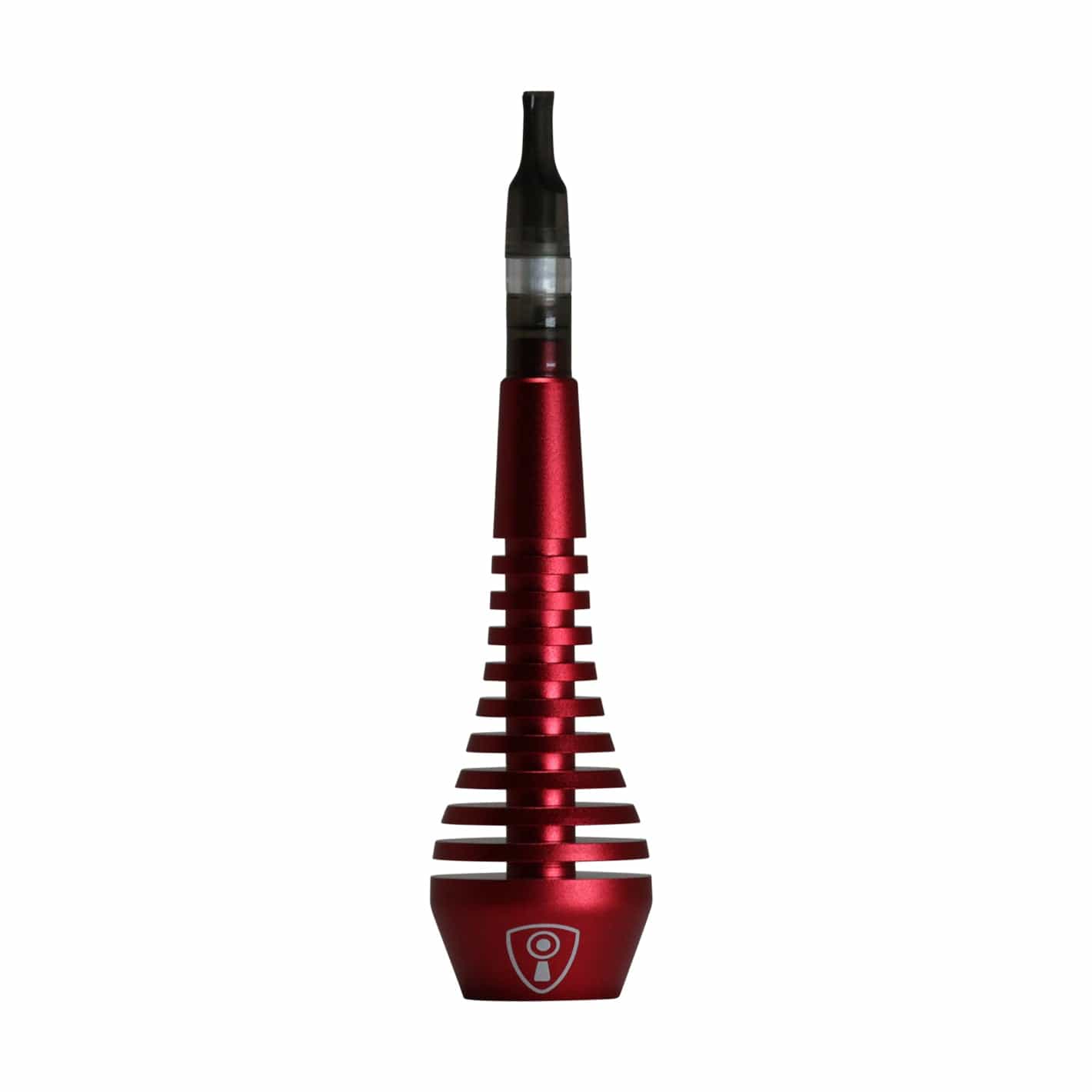 Centered vertical close-up of the red Invincipipe showing its ribbed conical body and translucent black mouthpiece against a white background