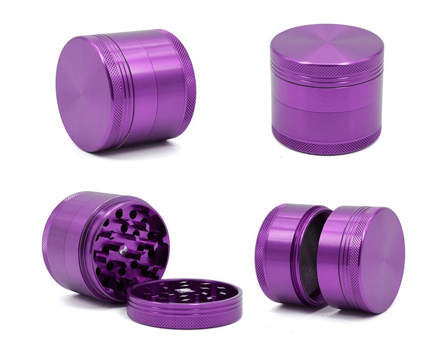 Four angled product shots of a purple 4-Piece Aluminum Grinder showing closed, open, and separated views on a white background.