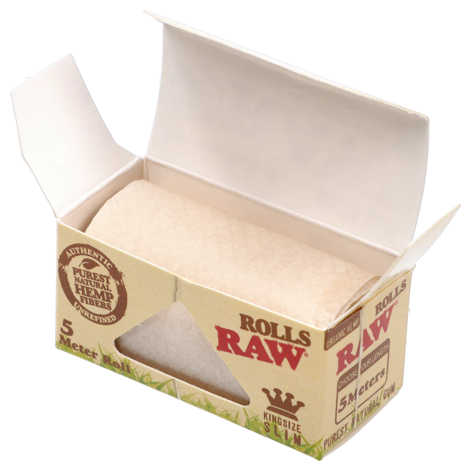 Angled close-up of an open box showing a beige 5 meter roll inside the RAW Organic Hemp 5 Meter Paper Roll King Size Slim.