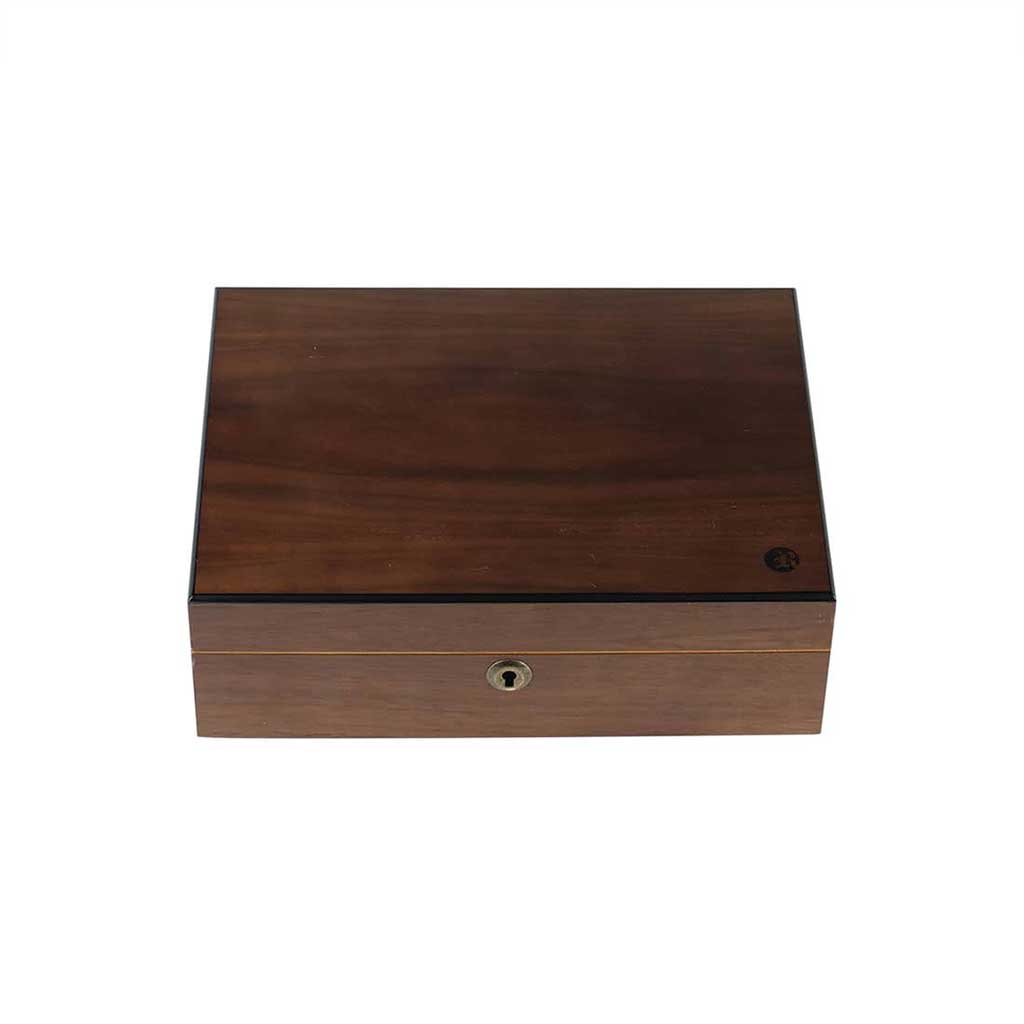 Top-down view of the Ryot Humidor Walnut Combo Box showing its rectangular walnut lid and front lock against a white background