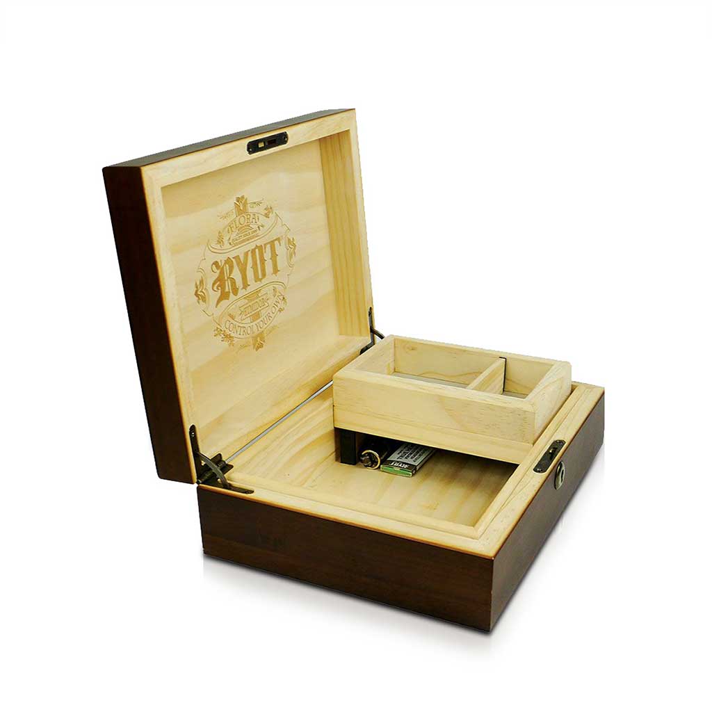 Angled view of the open Ryot Humidor Walnut Combo Box showing its light wood interior tray, hinged lid with branded pyrography, and dark walnut exterior.