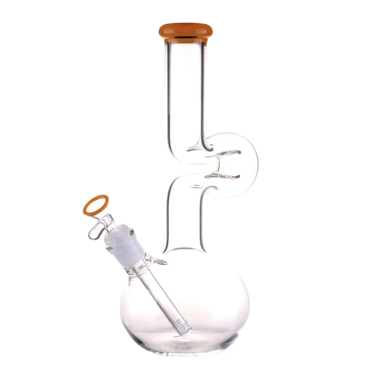 Vertical studio shot of the DHC Zig Zag Bubble Base Bong - 11 in. showing a clear glass zigzag neck and round bubble base with orange-rim accents.