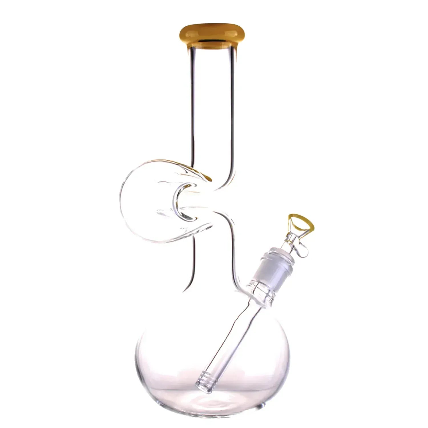 Vertical three-quarter view of the red-tinted DHC Zig Zag Bubble Base Bong - 11 in., showing its curved zig-zag neck, round bubble base, and angled downstem against a white background