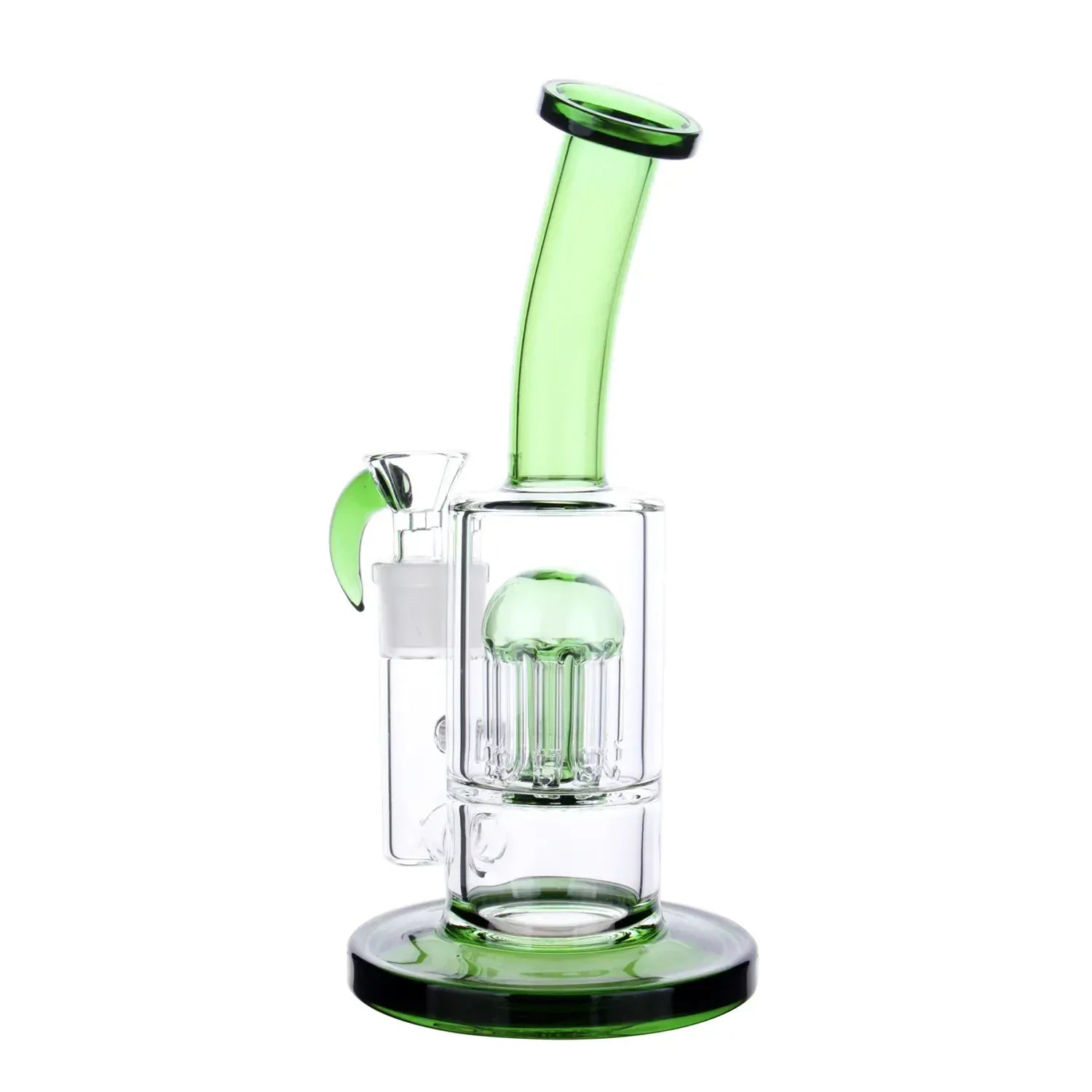 Centered front view of the DHC Bent Neck Color Tree Perc Bong - 8 in. showing its teal bent neck, green-accented percolator and round base against a white background
