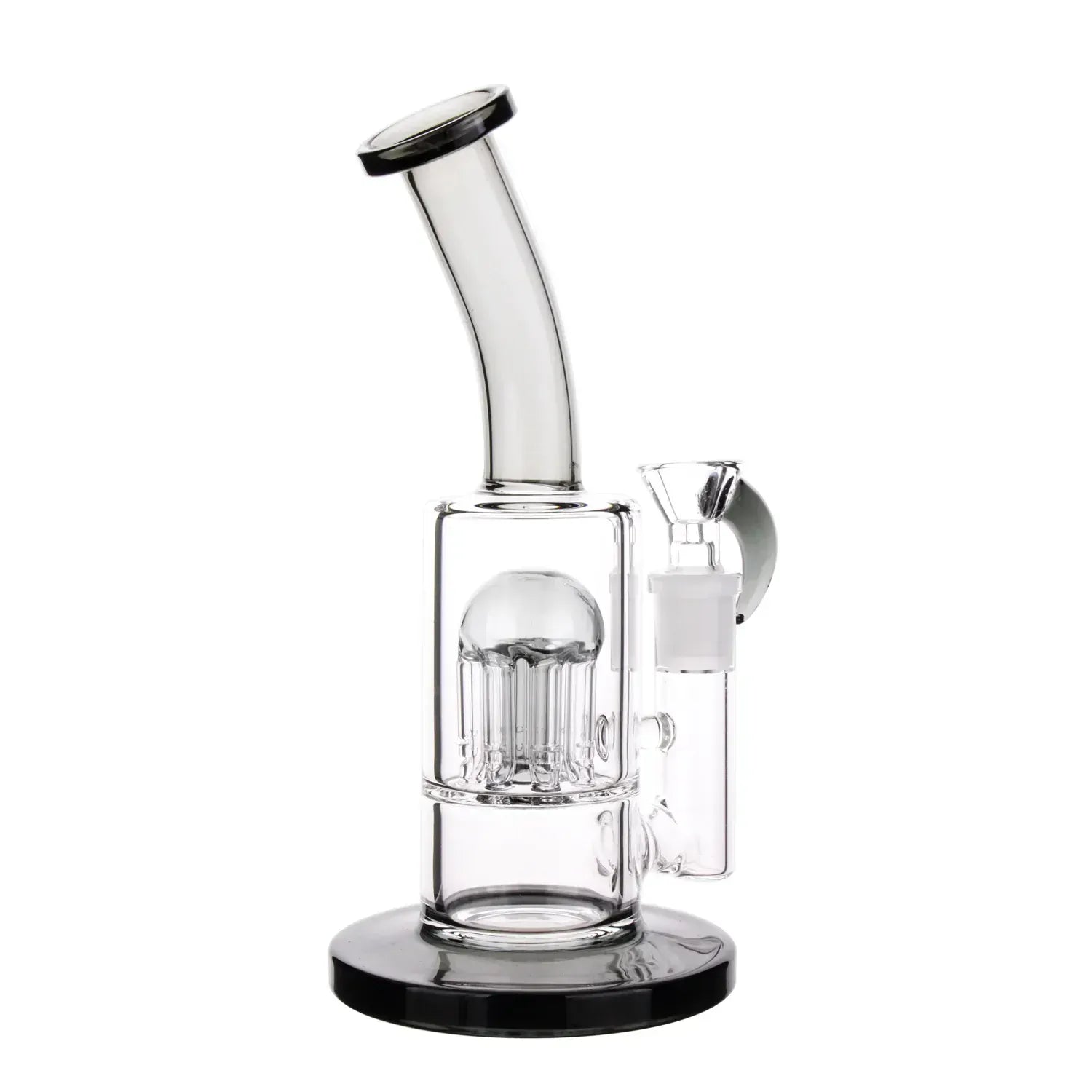 Front three-quarter view of the smoke-toned DHC Bent Neck Color Tree Perc Bong - 8 in., showing its curved mouthpiece, percolator dome, and black-rimmed base.