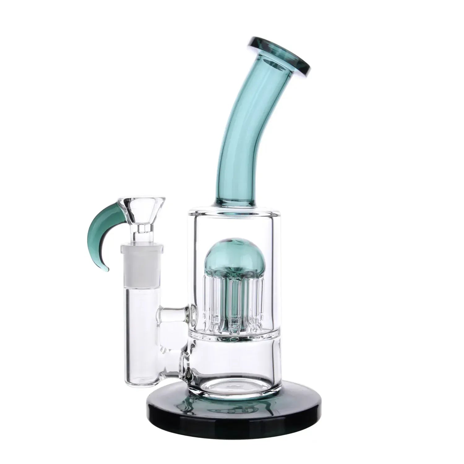 Close-up, front view of the DHC Bent Neck Color Tree Perc Bong - 8 in. showing its curved blue bent neck, tree percolator and matching blue-accented mouthpiece on a white background