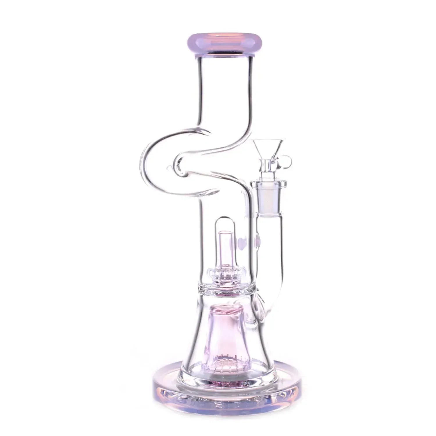 Front-facing studio shot of the DHC Zig Zag Dual Perc Bong - 9.2 in. showing its milky blue glass zigzag neck and dual percolator base.