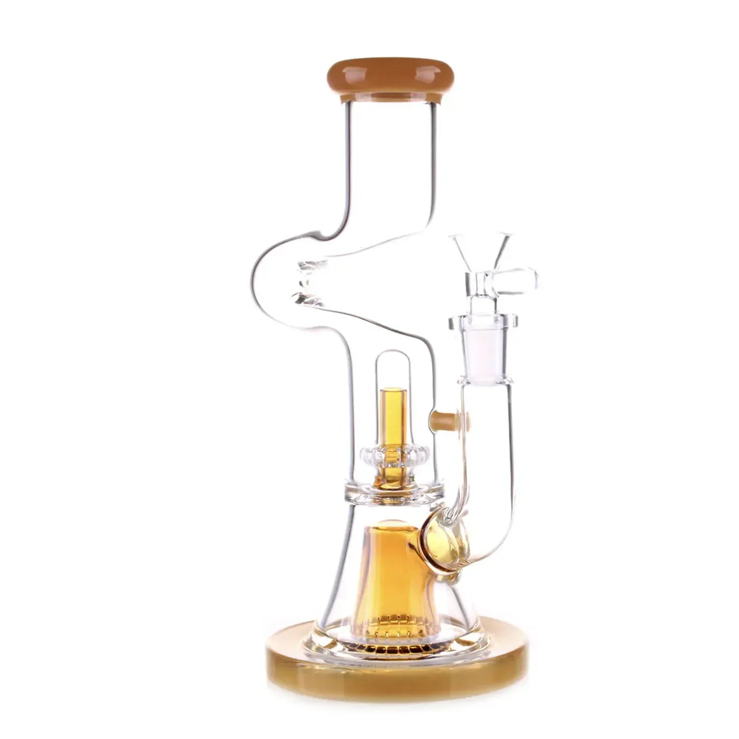 Close-up front view of the DHC Zig Zag Dual Perc Bong - 9.2 in. showing its clear zig-zag tube, amber mouthpiece and percolators against a white background