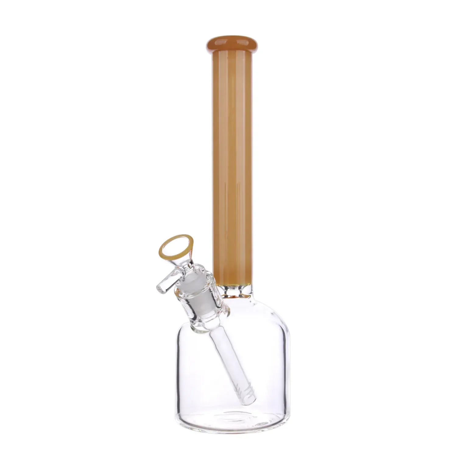 High-angle view of the DHC Rounded Beaker with Ice Pinch Bong - 12 in., showing its tall aqua neck and clear rounded base against a white background