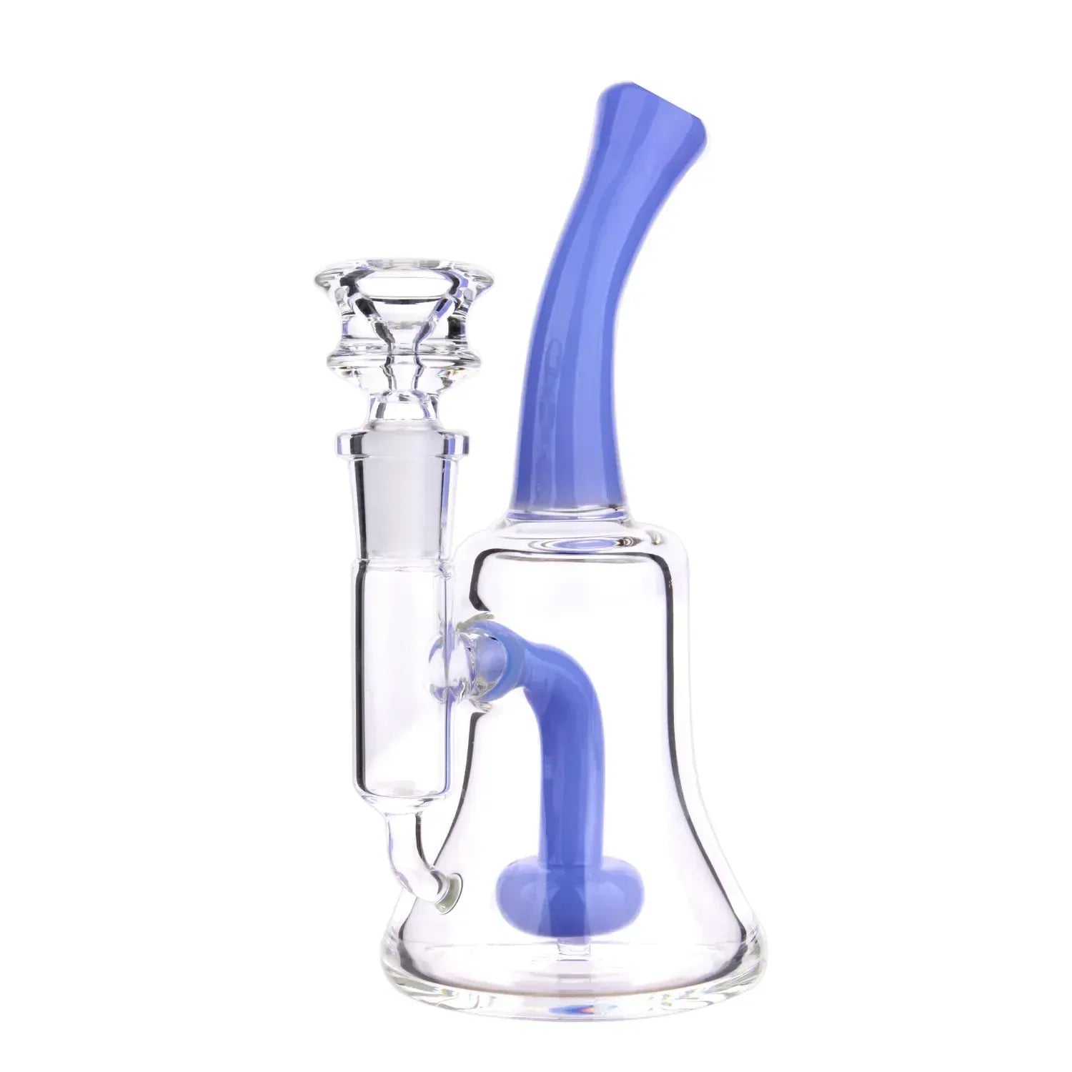 Close-up front view of the DHC Color Bent Neck & Perc Bell Bong - 6.8 in. showing its milky blue bent neck and internal downstem against a white background.