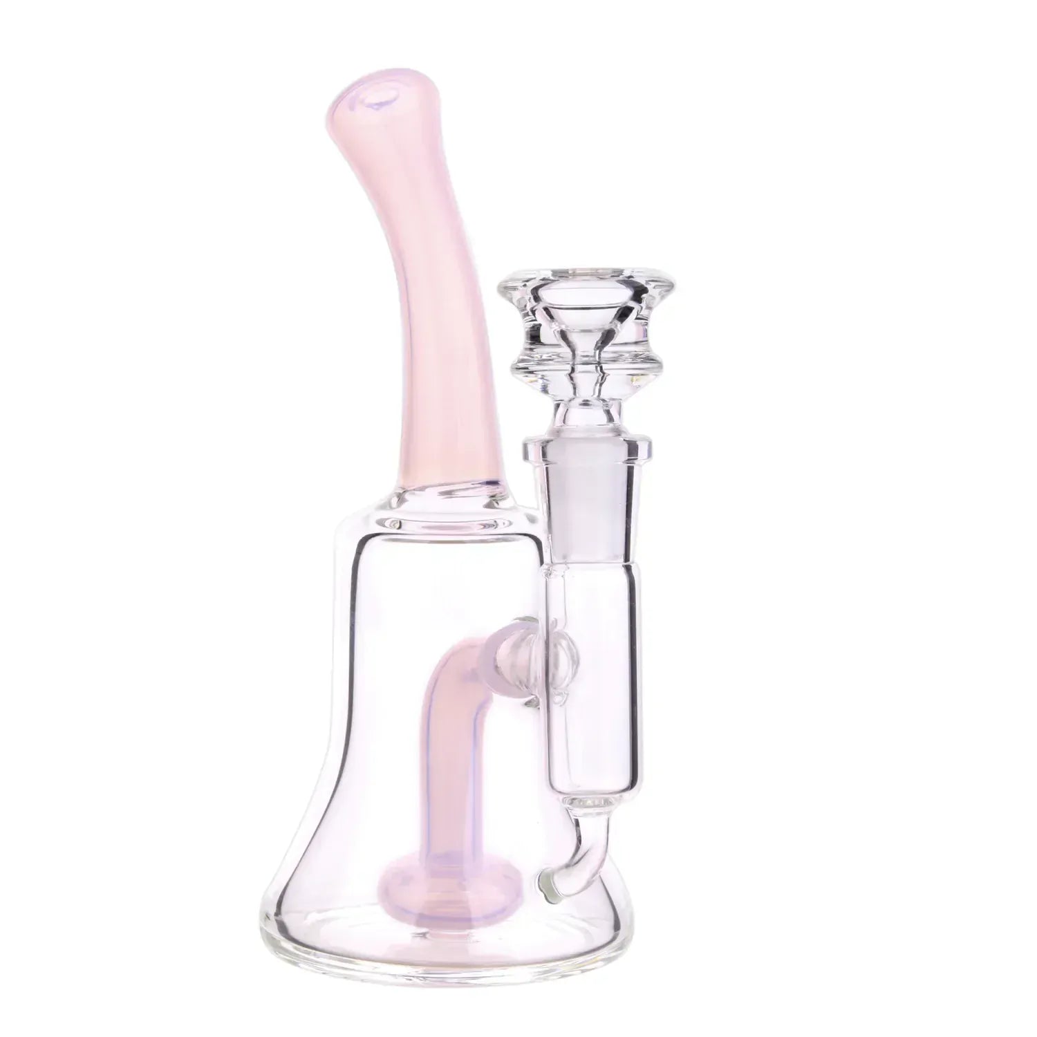 Close-up front view of the DHC Color Bent Neck & Perc Bell Bong - 6.8 in. showing its pale jade-pink bent neck and clear glass bell percolator against a white background