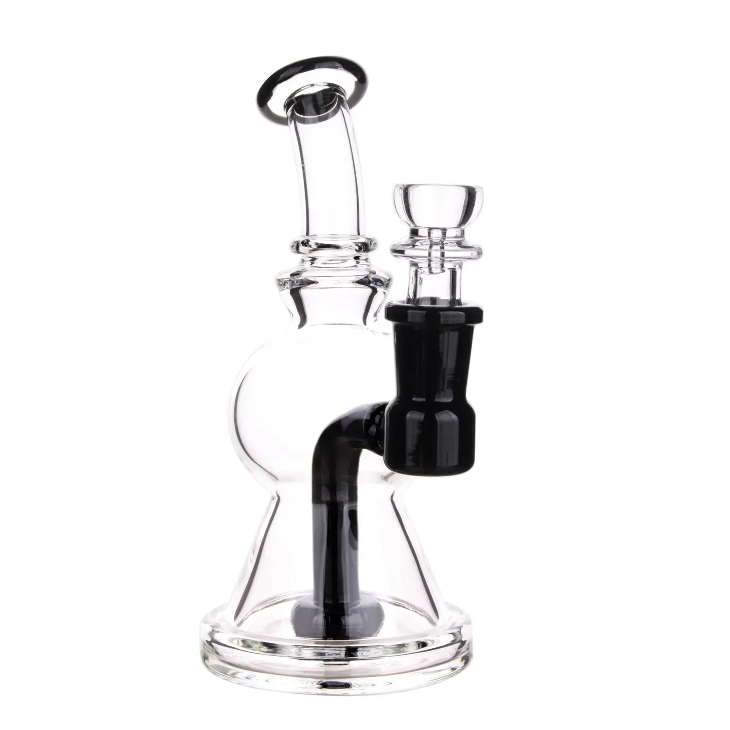 Close-up, three-quarter view of the DHC Color Showerhead Perc Dual Use Bong - 6.3 in. showing clear glass body and black mouthpiece and joint against a white background.