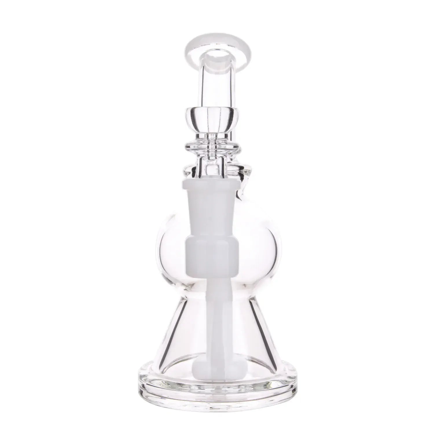 Close-up front view of the DHC Color Showerhead Perc Dual Use Bong - 6.3 in. in clear glass showing its straight tube, angled percolator and white joint against a white background.