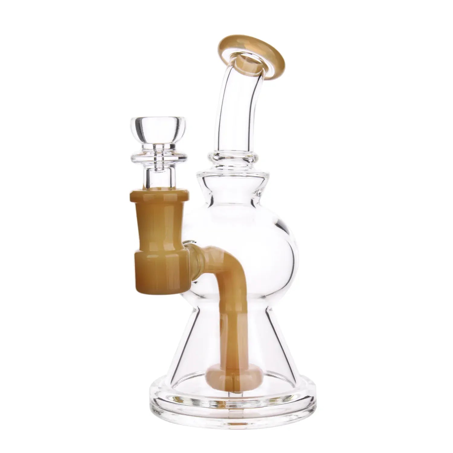 Close-up front view of the DHC Color Showerhead Perc Dual Use Bong - 6.3 in. showing a clear glass body with milky yellow accents and an angled mouthpiece.