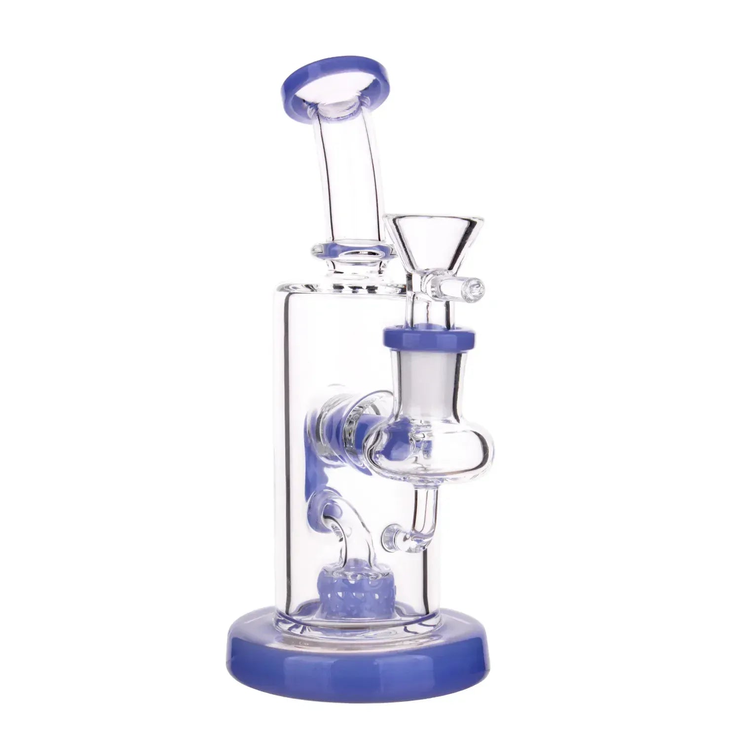 Close-up front view of the DHC Bent Neck Recycler with Perc Bong - 6.5 in. showing clear glass construction with amber-tinted accents on the mouthpiece, base, and recycler components.