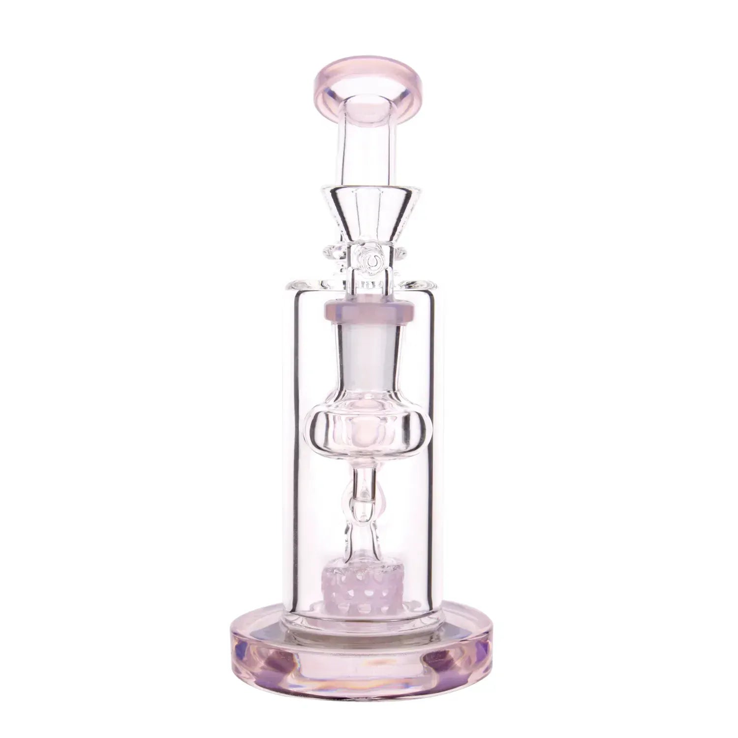 Center-framed close-up of the DHC Bent Neck Recycler with Perc Bong - 6.5 in. showing its clear jade-pink glass chamber and percolator.