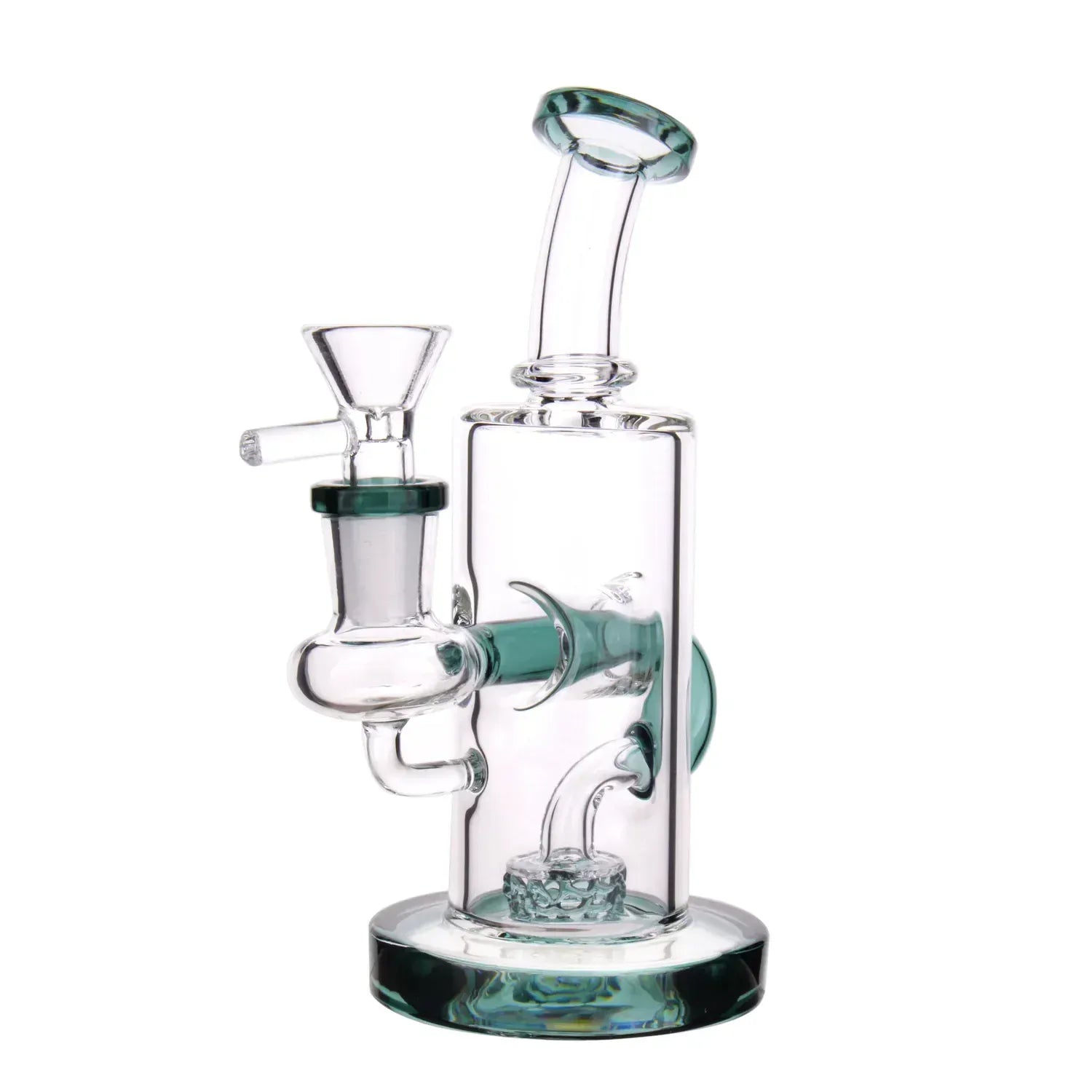 Close-up front view of the DHC Bent Neck Recycler with Perc Bong - 6.5 in., showing clear glass with jade-blue accents and a bent neck.