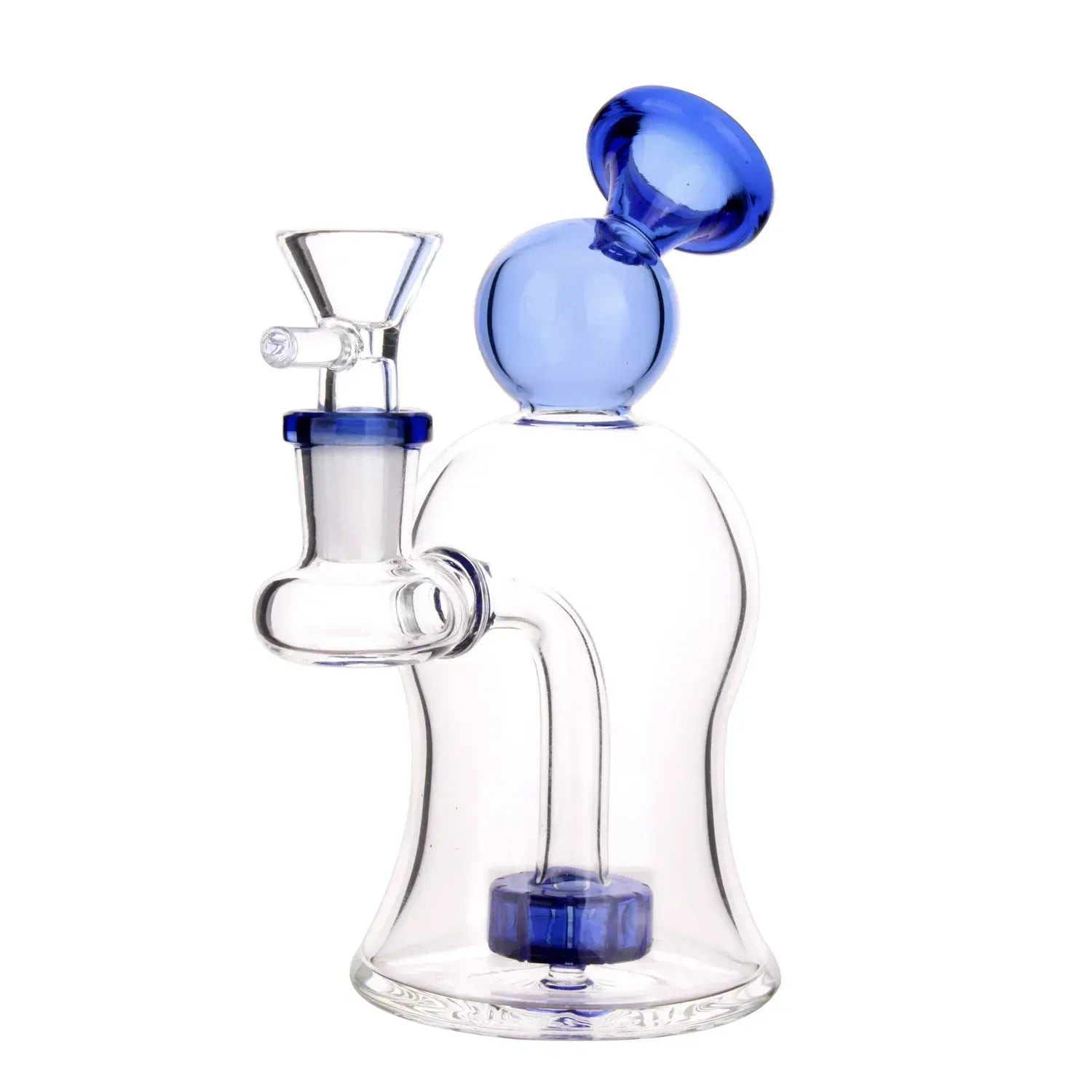 Angled close-up of the DHC Bubble Bent Neck with Showerhead Bubbler Bong - 6 in., showing clear glass with blue accents on a white background