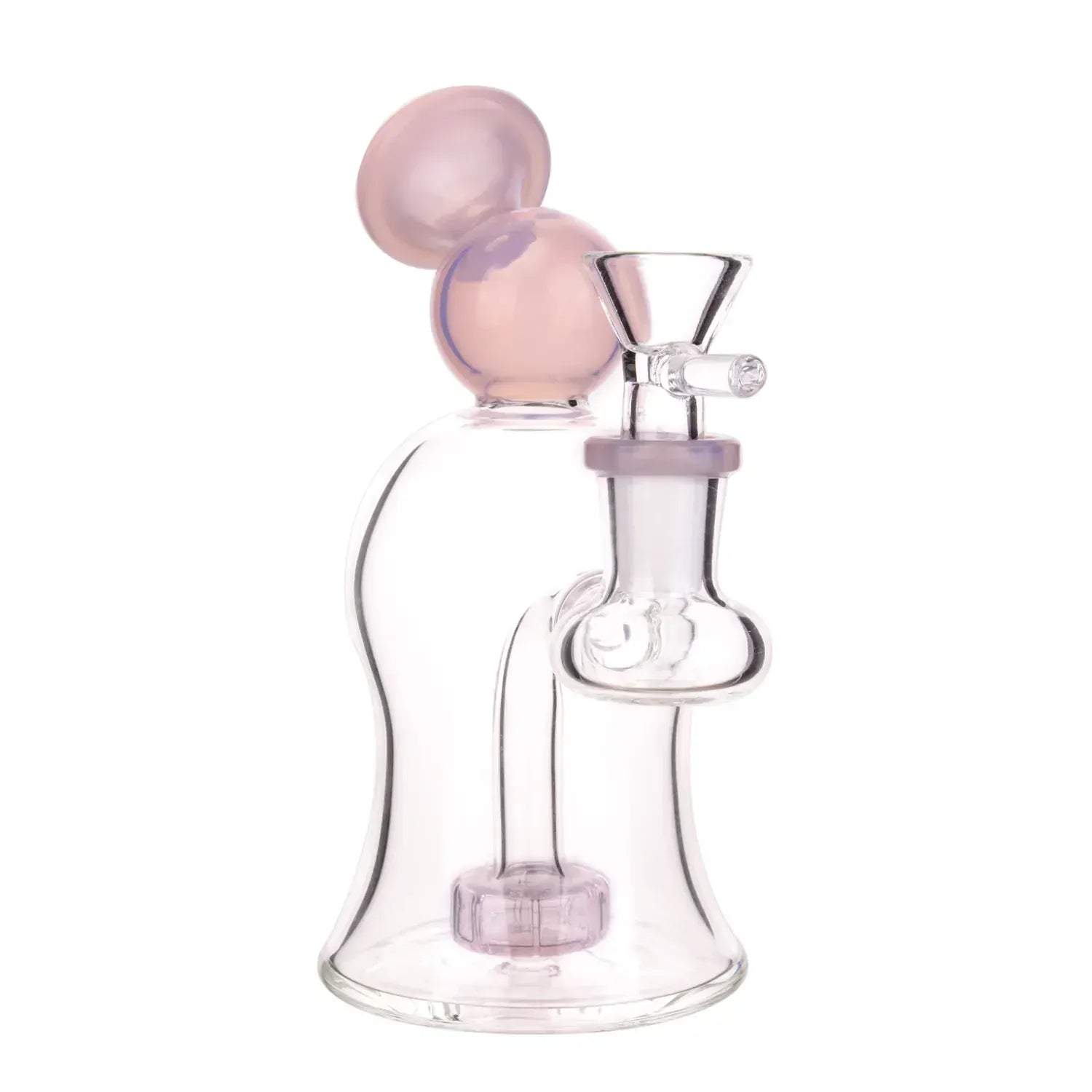 Close-up front view of the teal DHC Bubble Bent Neck with Showerhead Bubbler Bong - 6 in., showing its bent neck, rounded teal bubble and clear glass base against a white background