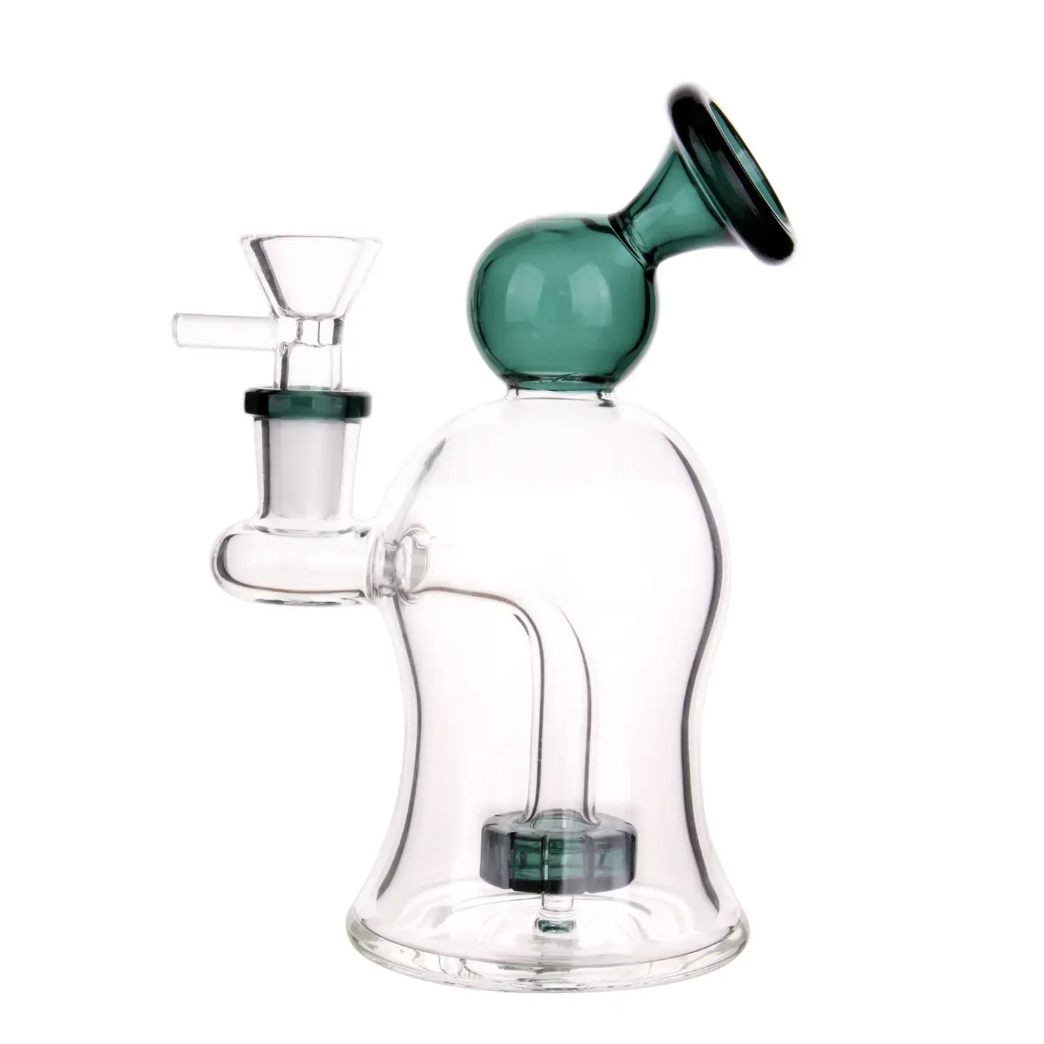 Close-up front view of the DHC Bubble Bent Neck with Showerhead Bubbler Bong - 6 in., showing its clear glass body and green-tinted bent neck and mouthpiece against a white background