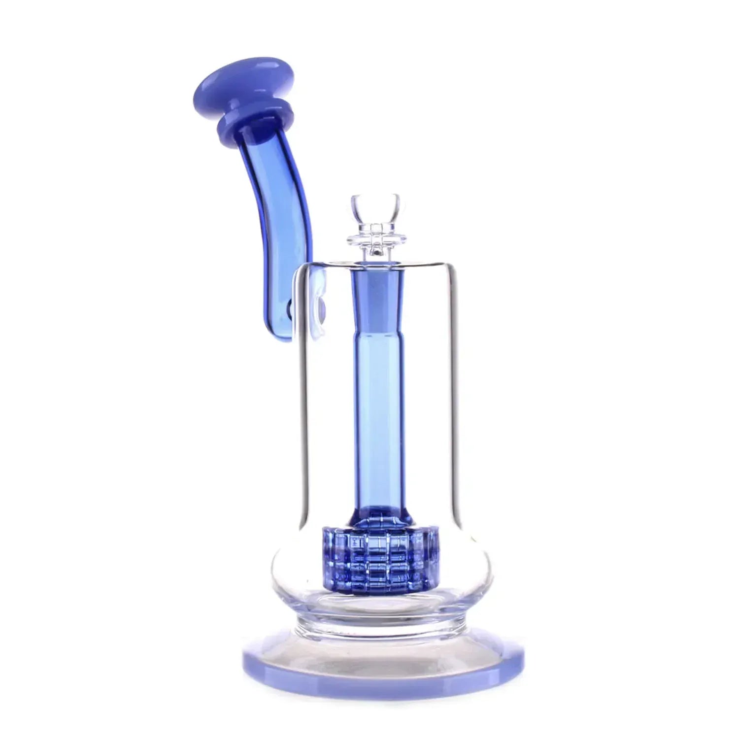 Close-up, front view of the DHC Bent Neck Matrix Perc Bubbler Bong - 9 in. showing its bent blue neck, central percolator and clear glass body.