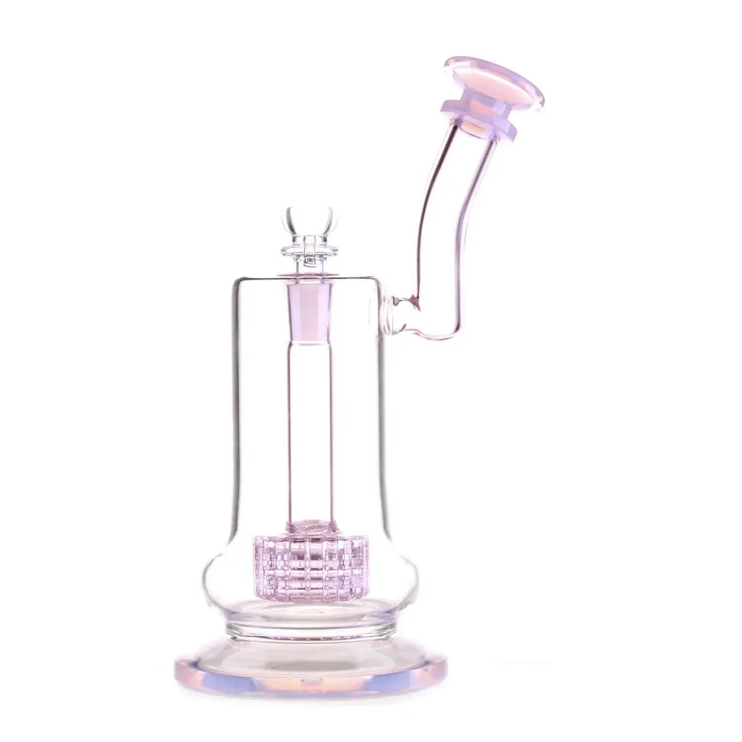 Side view of the smoke-colored DHC Bent Neck Matrix Perc Bubbler Bong - 9 in., showing its bent neck, percolator and clear glass body.