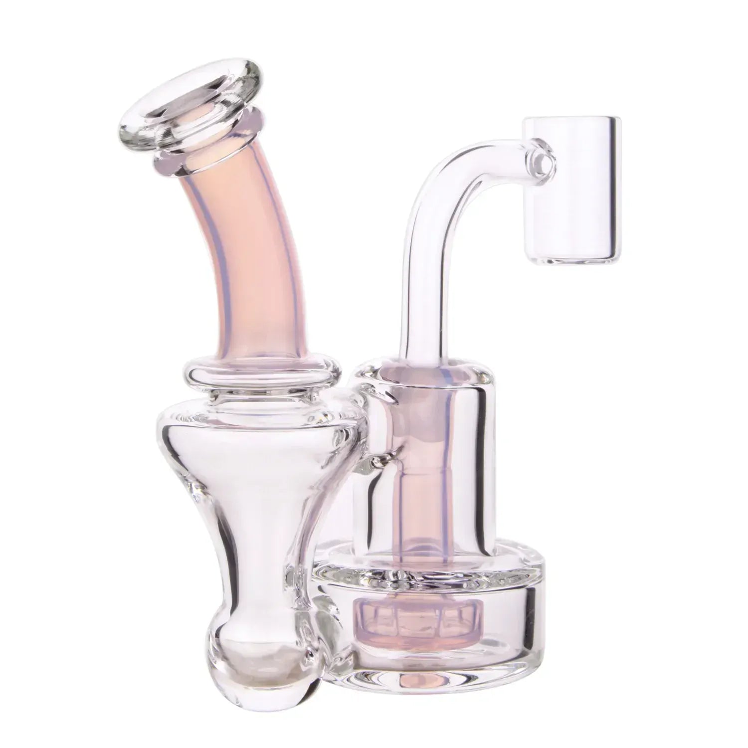 Close-up, angled view of the pink DHC Mini Showerhead Dual - Use Bong - 4.8 in. showing its curved mouthpiece, vertical bubbler, and clear glass chamber.