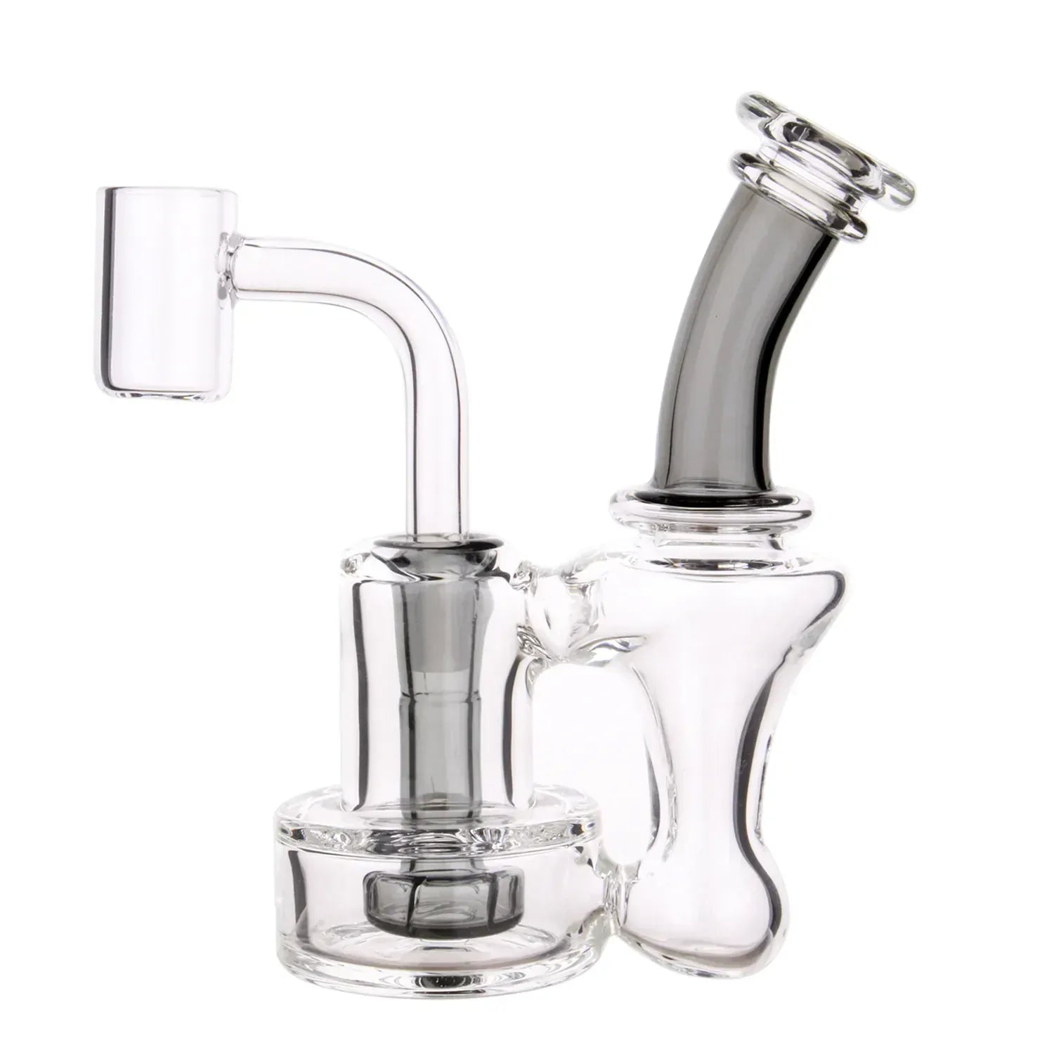 Close-up, three-quarter view of the DHC Mini Showerhead Dual - Use Bong - 4.8 in. showing its clear glass joint, angled mouthpiece, and compact showerhead chamber.