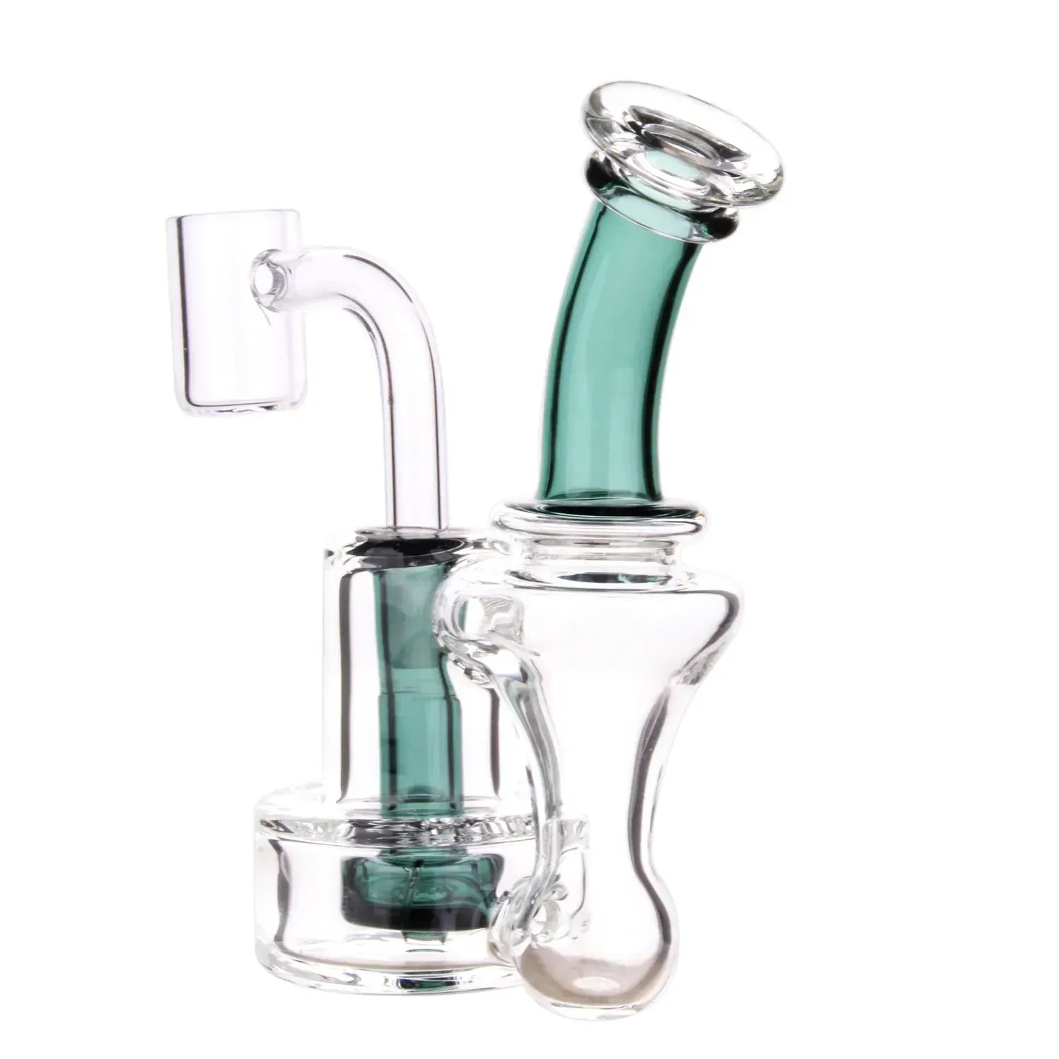 Close-up front view of the DHC Mini Showerhead Dual - Use Bong - 4.8 in. showing a smoke-green curved neck and clear glass percolator components.