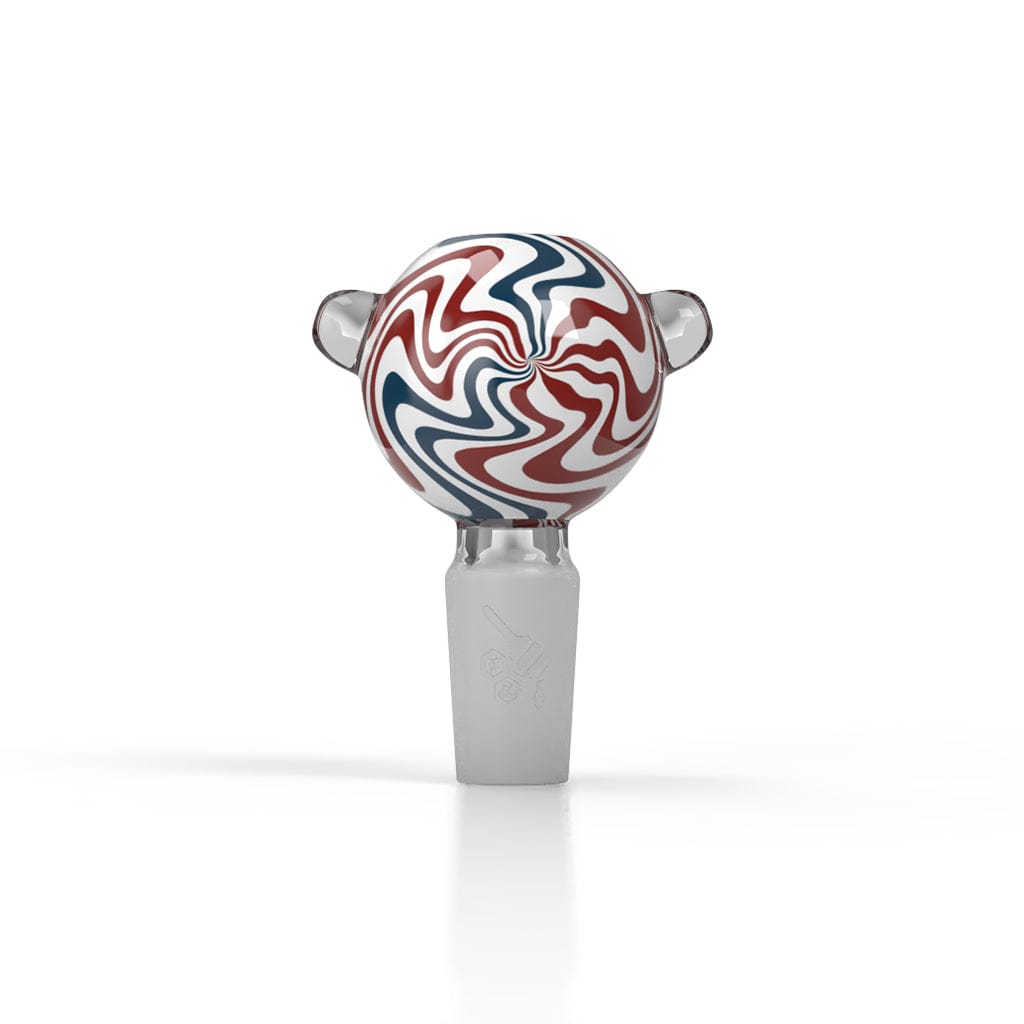 Center-front view of the Honeybee Herb Glass Flower Bowl (Fb-10), showing a spherical red, white, and blue swirled head with two small side knobs on a clear stem against a white background