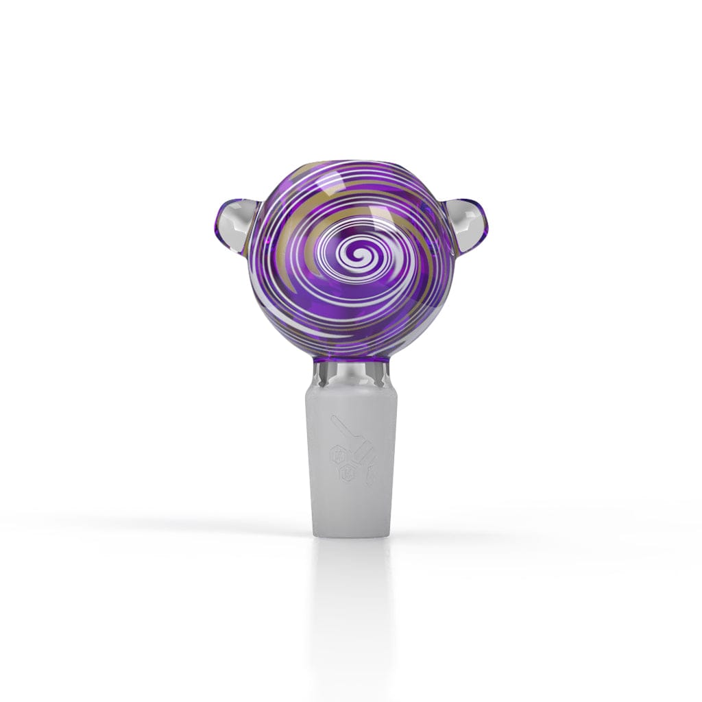 Centered front view of the Honeybee Herb Glass Flower Bowl (Fb-10) showing a purple and gold spiral glass head with two small handles on a white background