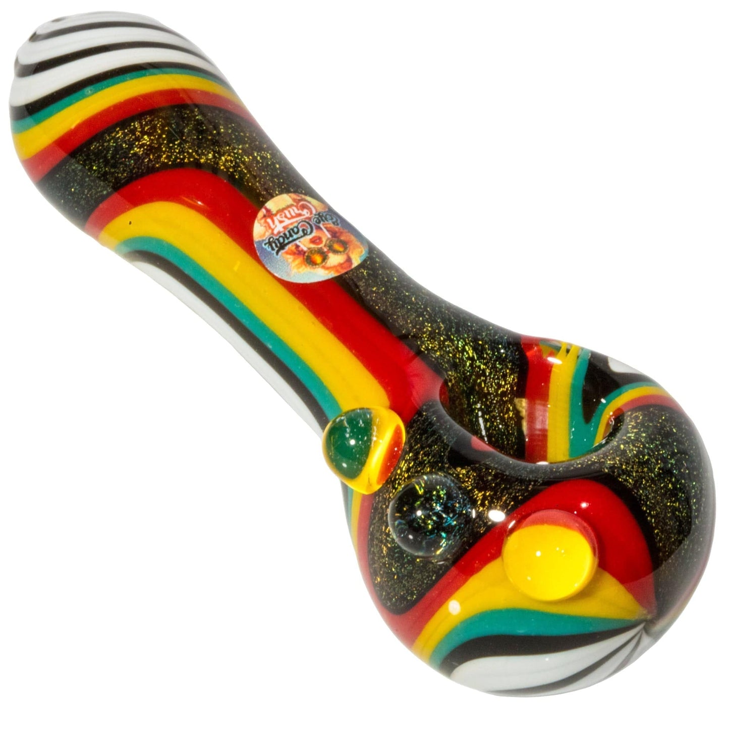 Crush Hand Pipe Black & White Dichroic Glass Spoon Pipe with Colorful Grip Bumps 4"