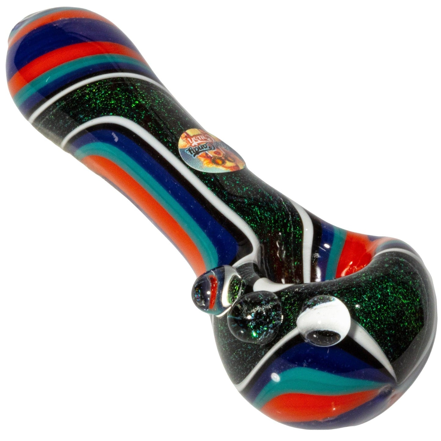 Crush Hand Pipe Blue & Orange Dichroic Glass Spoon Pipe with Colorful Grip Bumps 4"