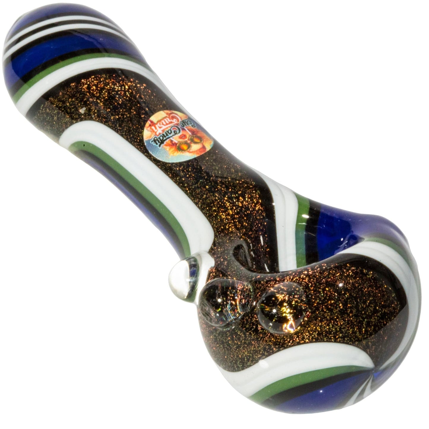 Crush Hand Pipe Blue & White Dichroic Glass Spoon Pipe with Colorful Grip Bumps 4"