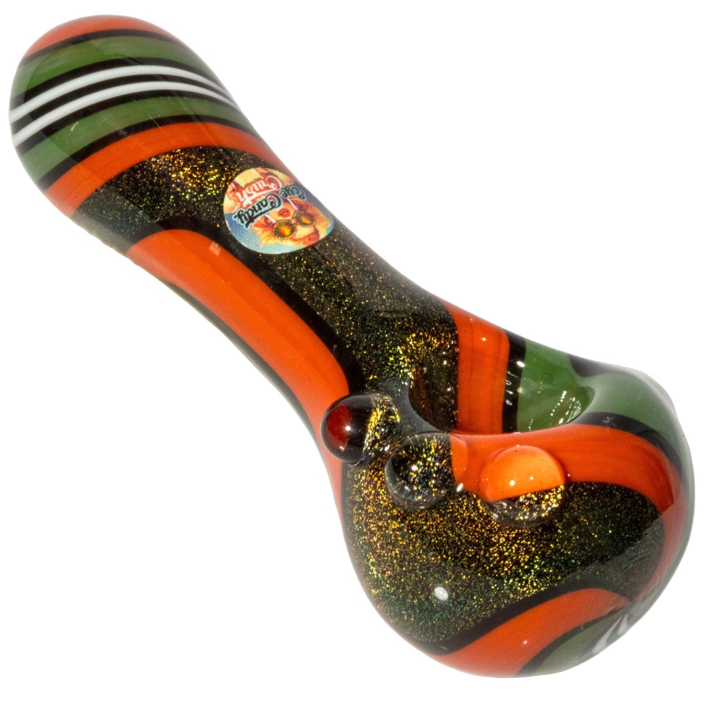 Crush Hand Pipe Green  &  Orange Dichroic Glass Spoon Pipe with Colorful Grip Bumps 4"