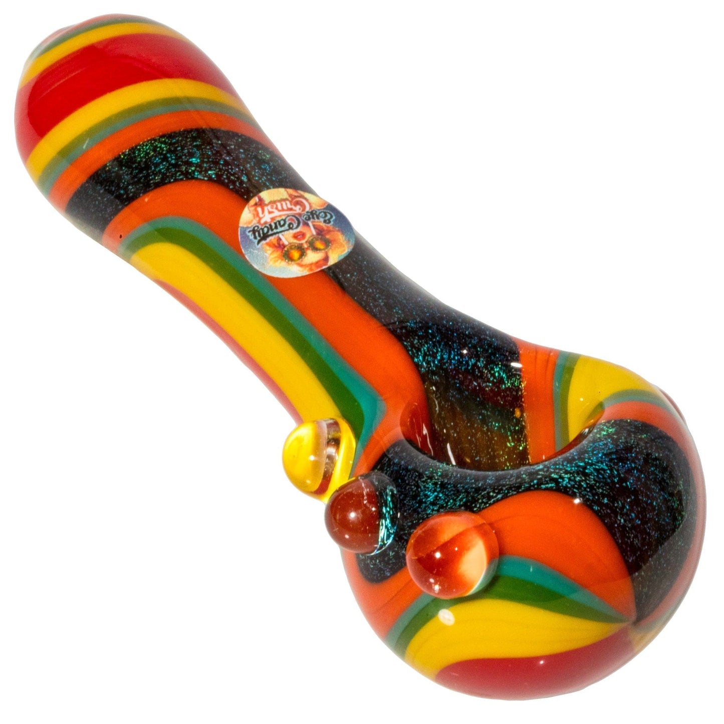 Crush Hand Pipe Red Dichroic Glass Spoon Pipe with Colorful Grip Bumps 4"