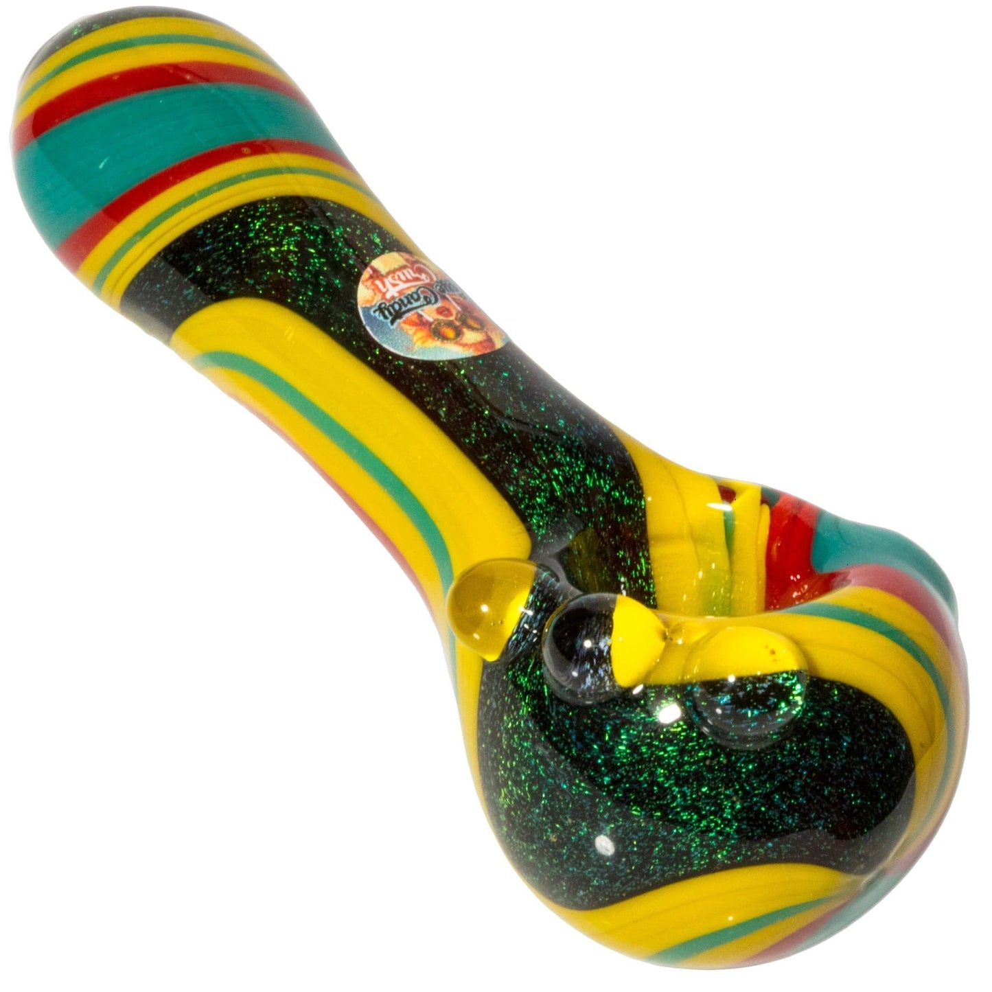 Crush Hand Pipe Teal & Red Dichroic Glass Spoon Pipe with Colorful Grip Bumps 4"