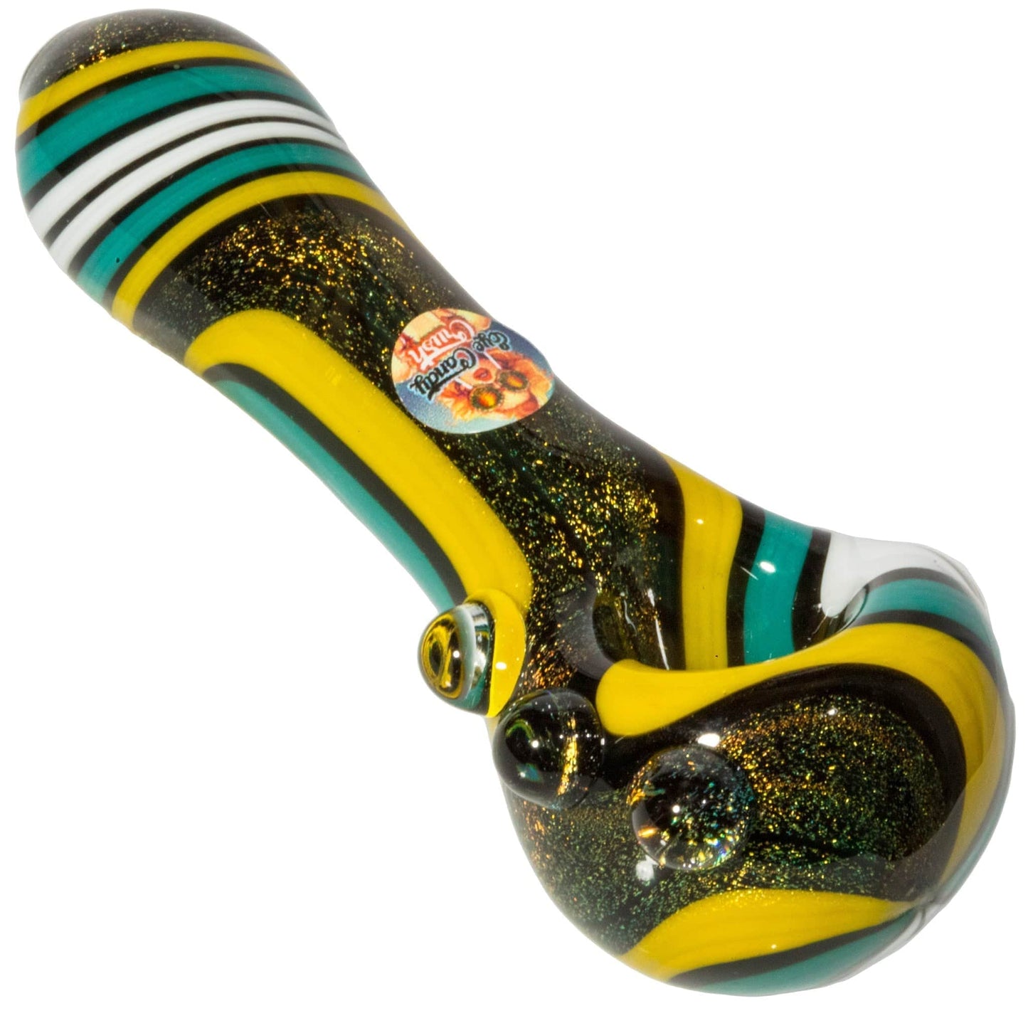 Crush Hand Pipe Teal & White Dichroic Glass Spoon Pipe with Colorful Grip Bumps 4"